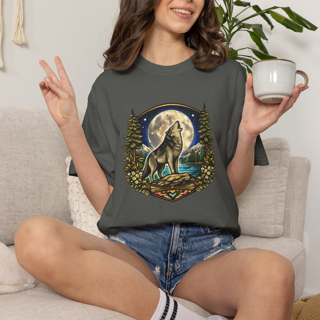 Wolf Howling at Full Moon T-Shirt | Forest Tree Border Graphic