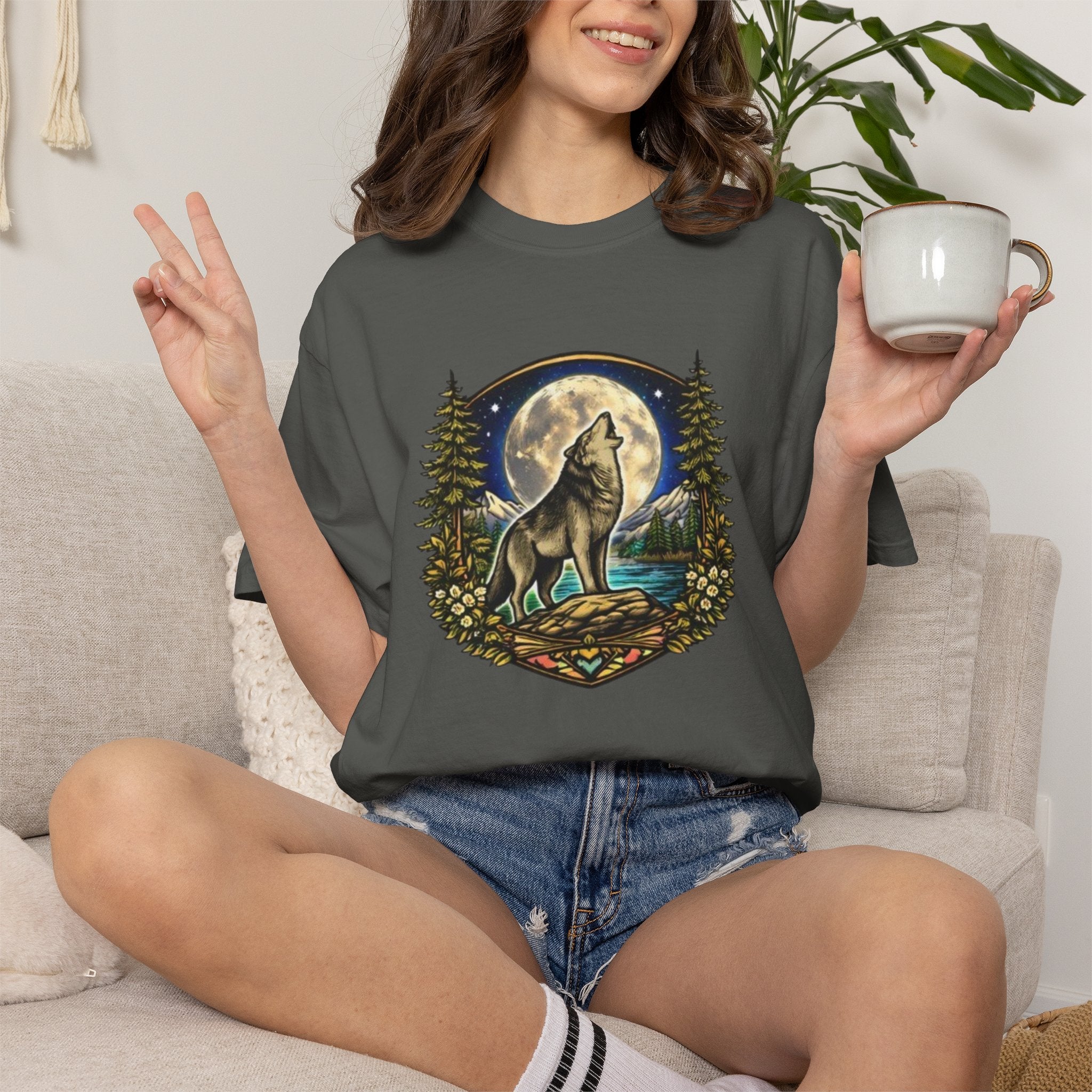Wolf Howling at Full Moon T-Shirt | Forest Tree Border Graphic