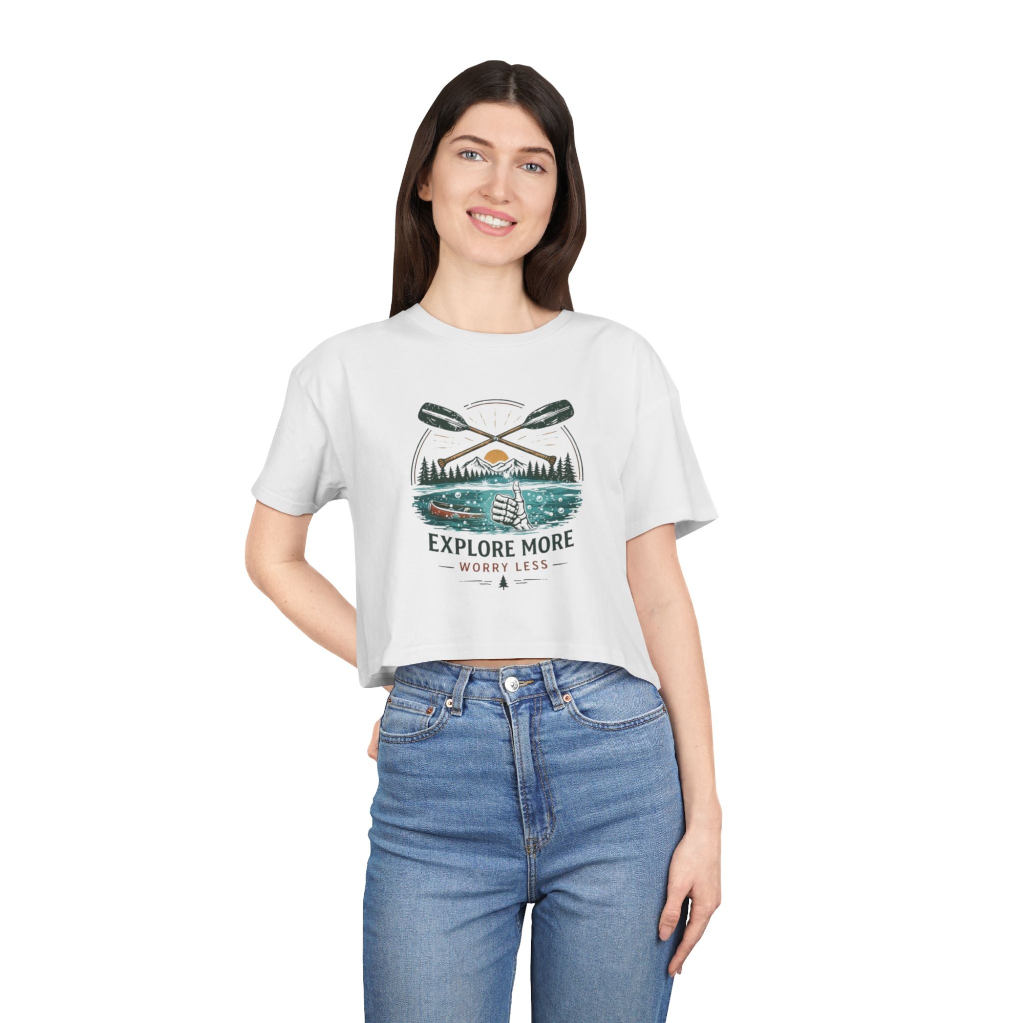 Crop Tee | Explore More "Worry Less" Outdoor Adventure Graphic