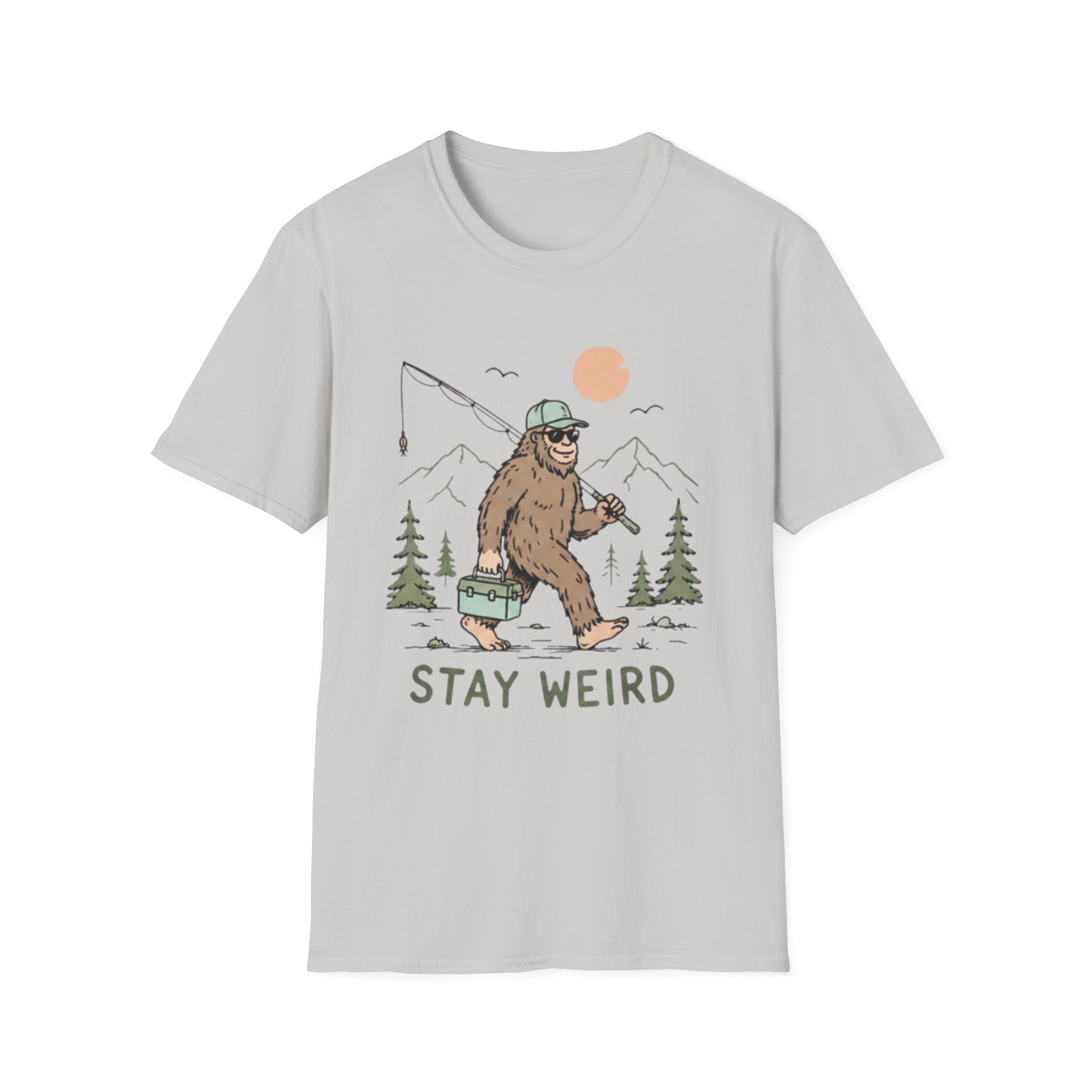 Stay Weird Bigfoot Fishing T-Shirt | Funny Sasquatch Graphic Tee for Nature Lovers