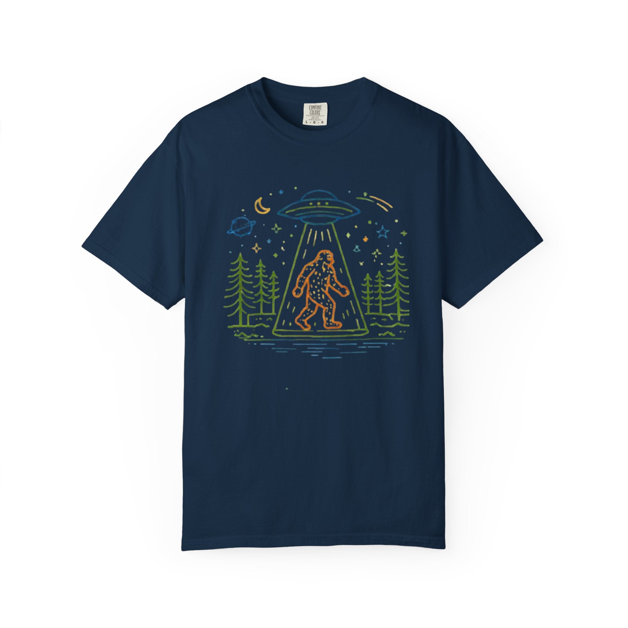 Bigfoot UFO Abduction T-Shirt | Retro Line Art Sasquatch Tee