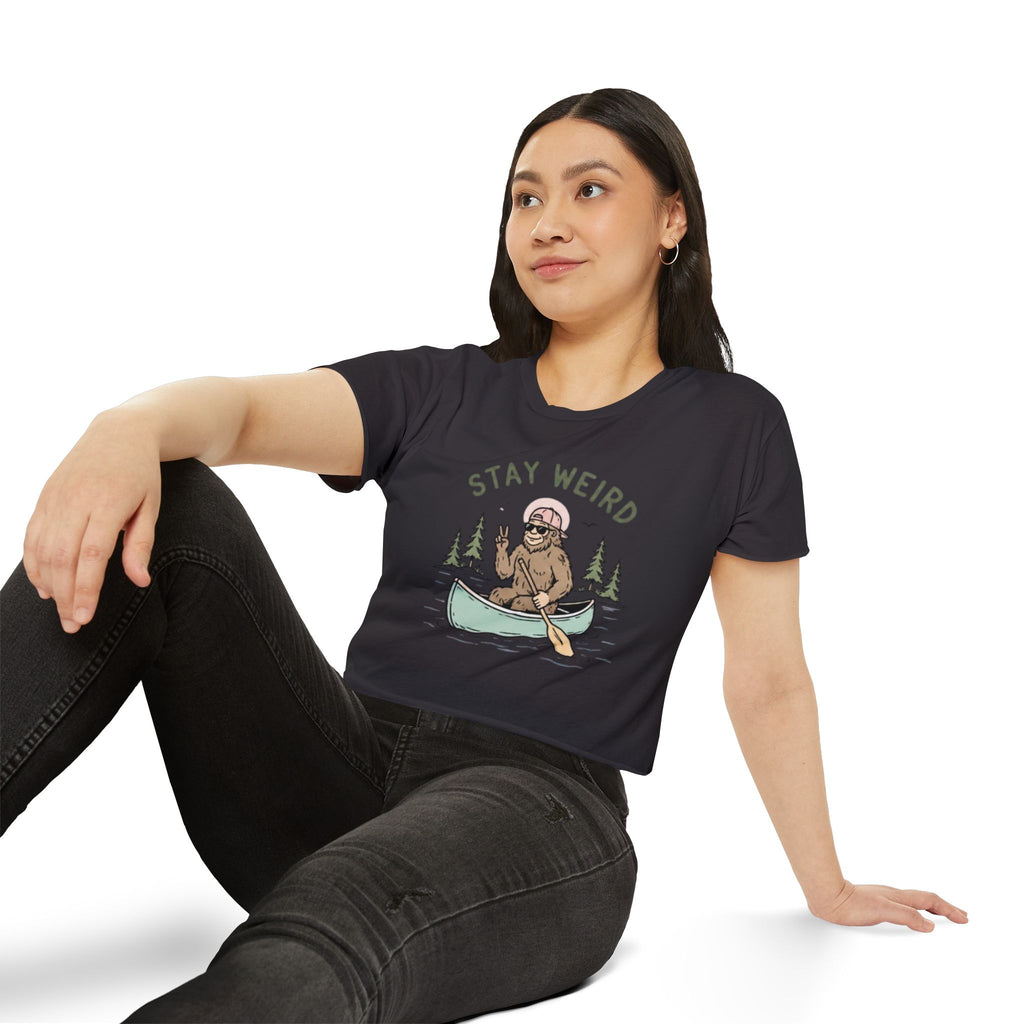 Stay Weird Crop Top | Cute Sasquatch Canoe Graphic Womens Festival Shirt