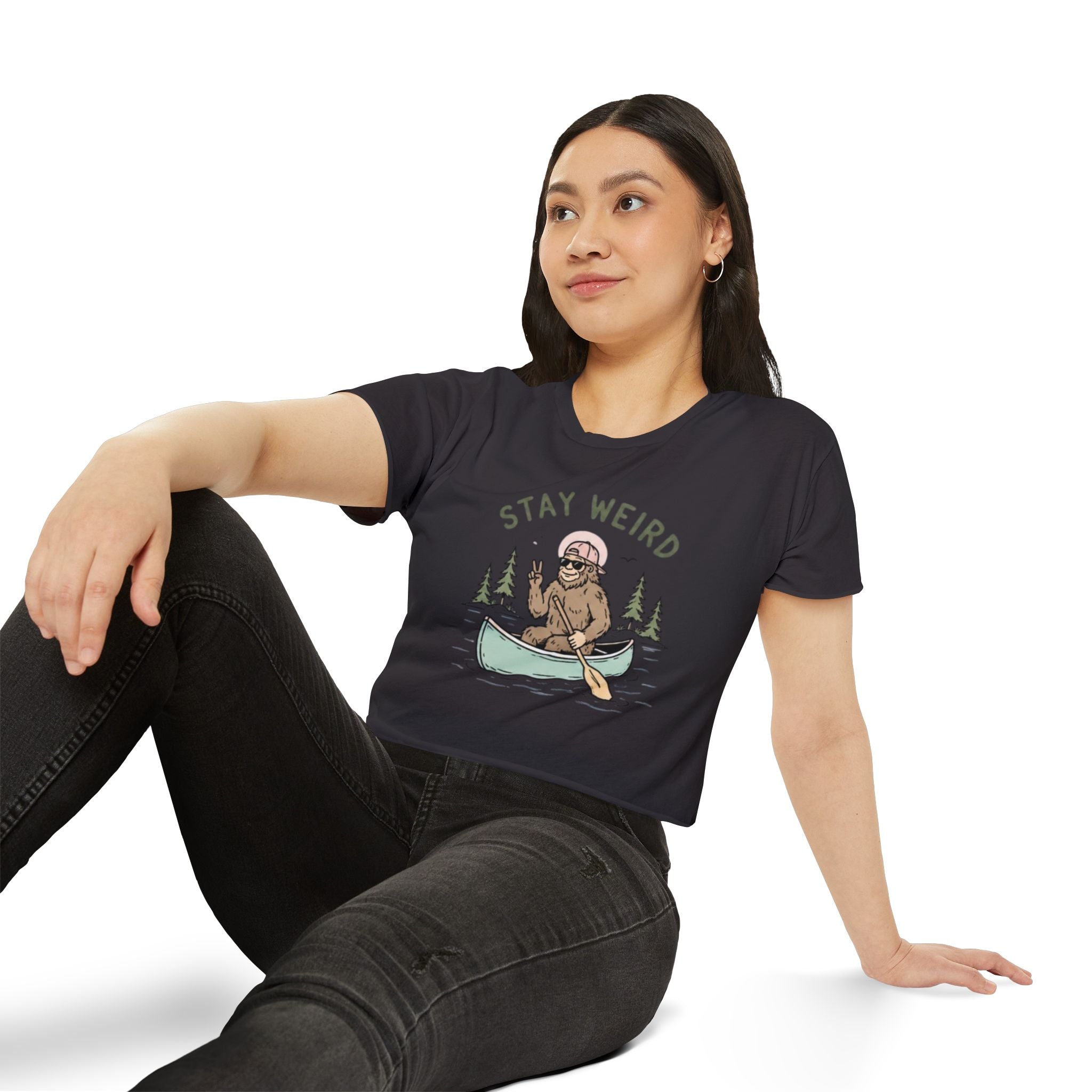 Stay Weird Crop Top | Cute Sasquatch Canoe Graphic Womens Festival Shirt