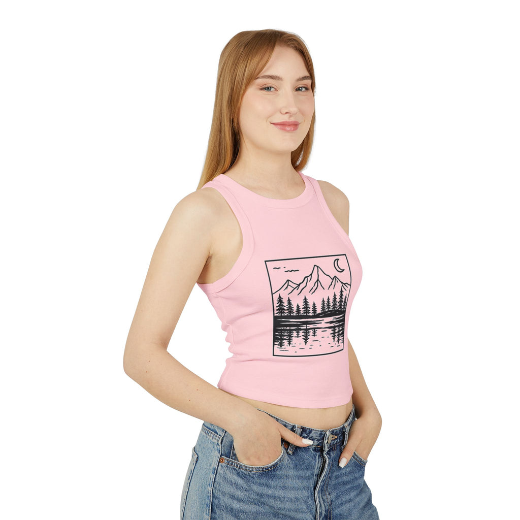 Mountain Lakeside Graphic Tank | Womens Nature Scenery Racer Crop