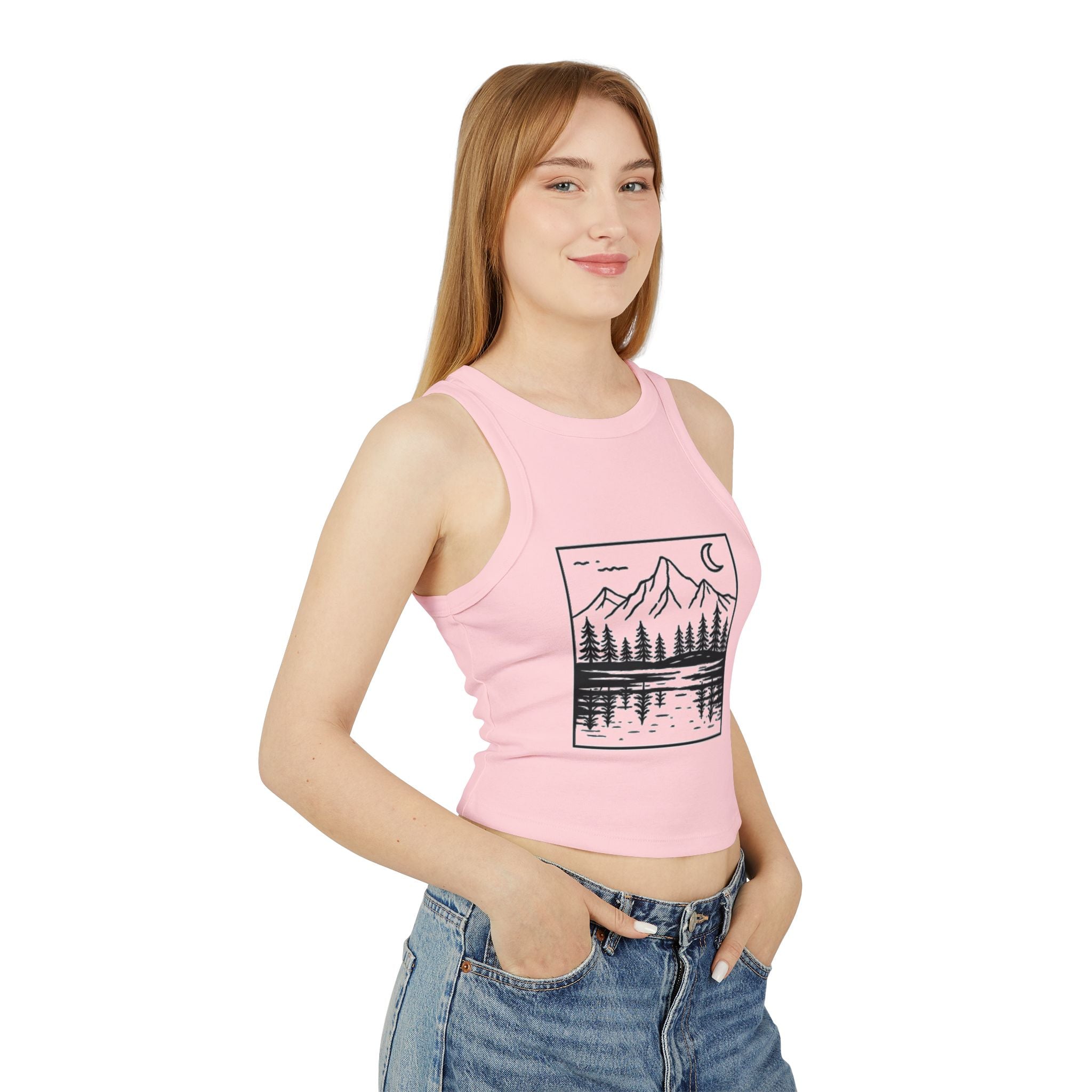 Mountain Lakeside Graphic Tank | Womens Nature Scenery Racer Crop