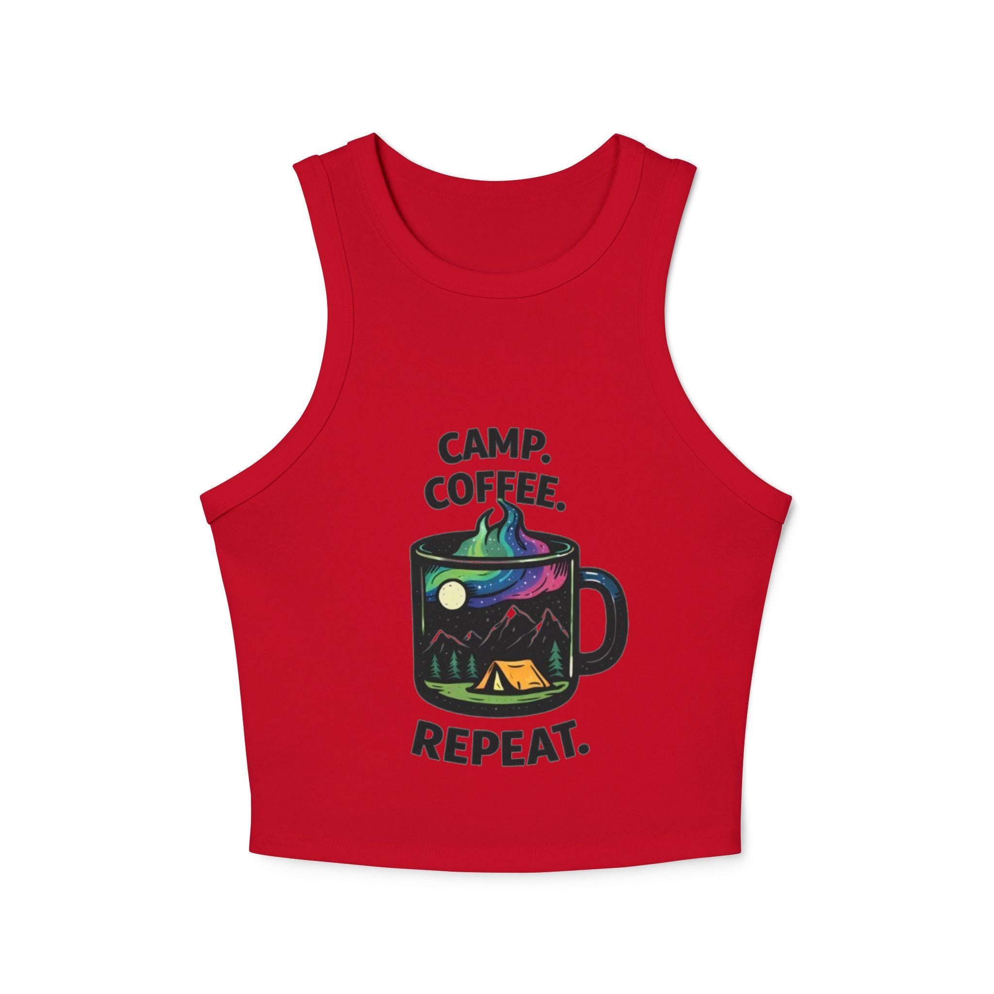 Camp Coffee Repeat Racer Tank | Womens Camping Coffee Graphic Tank Top