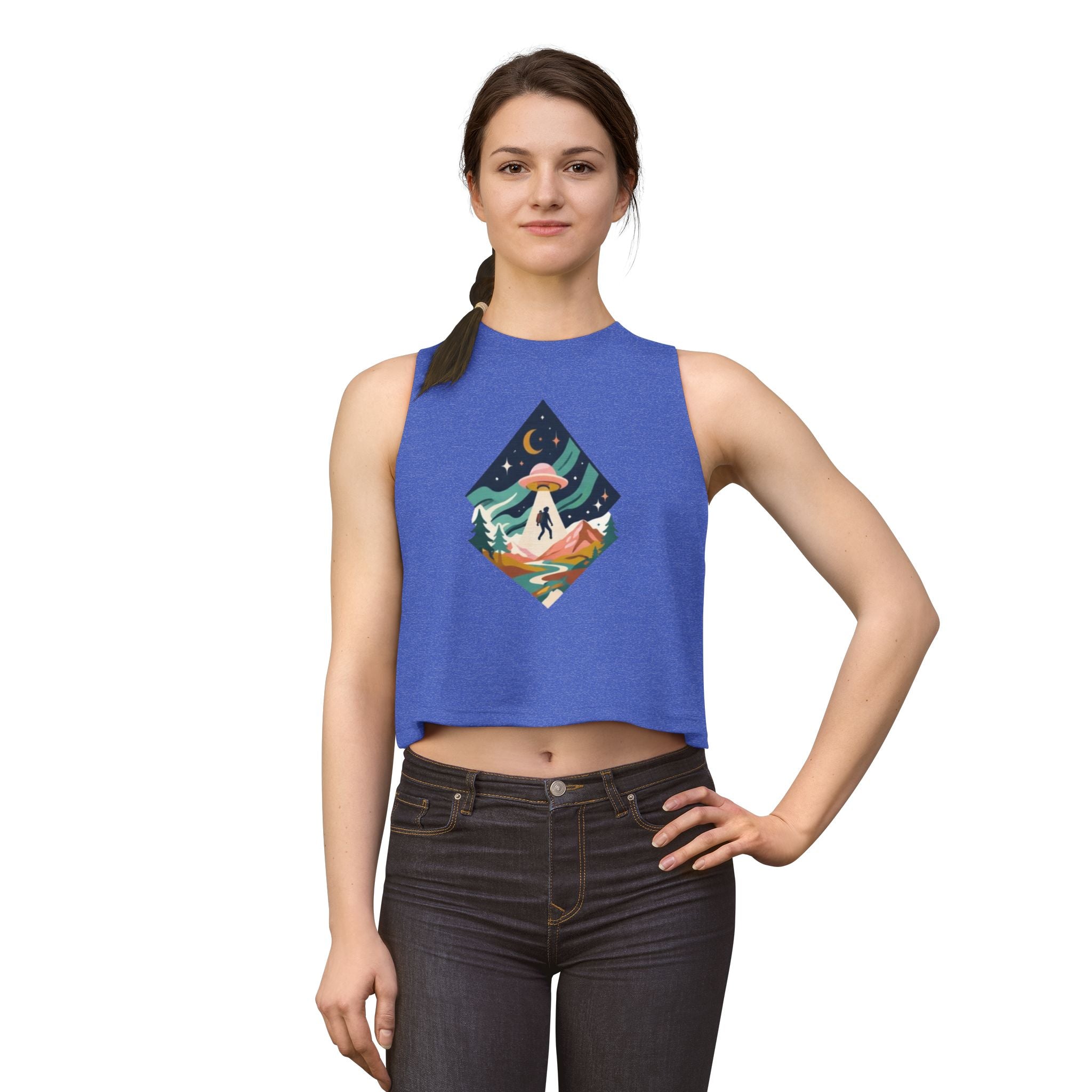Alien Abduction Hiker Graphic Crop Top | Retro Mountain UFO Tank