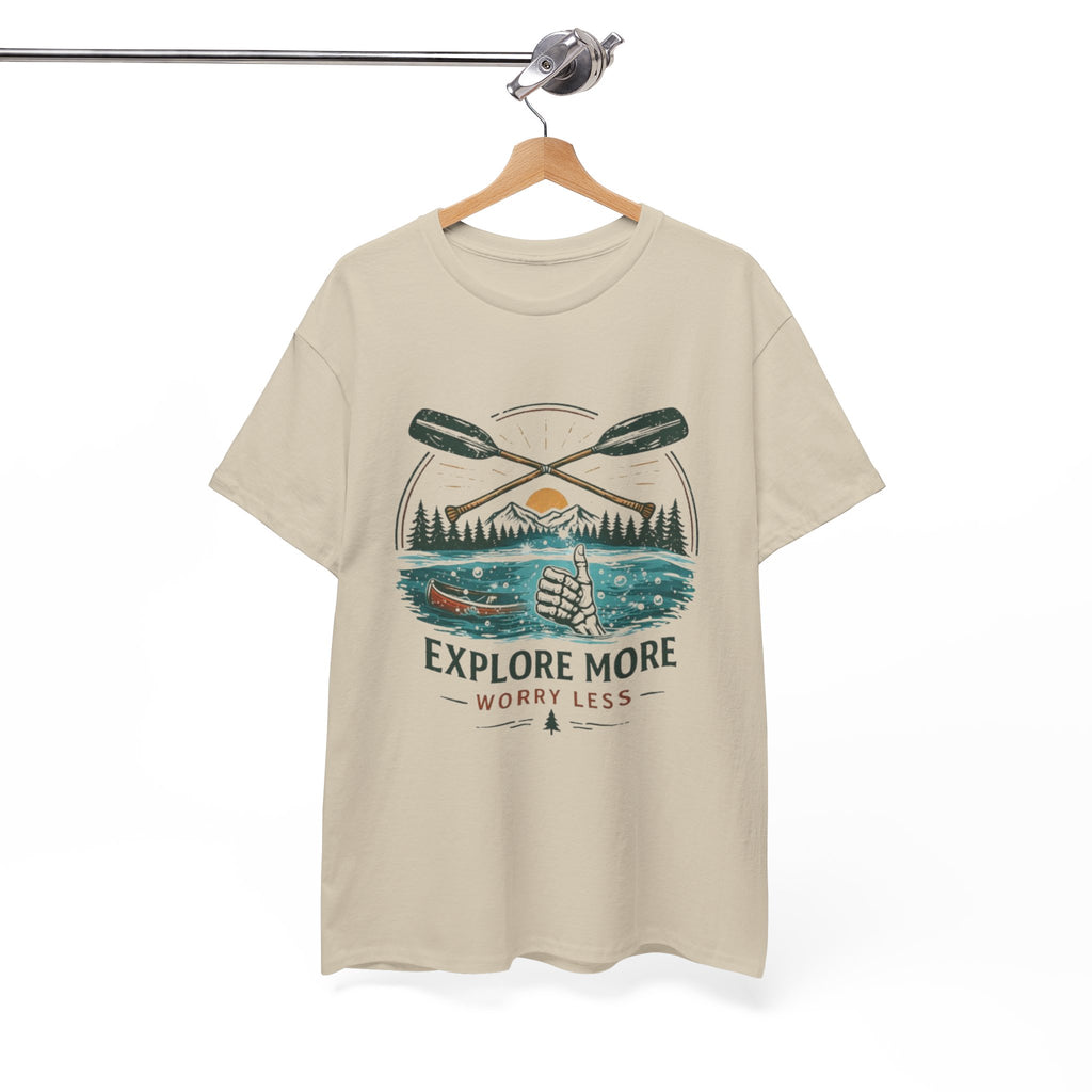 Explore More Worry Less T-Shirt | Outdoor Camping Canoe Graphic Skeleton Tee