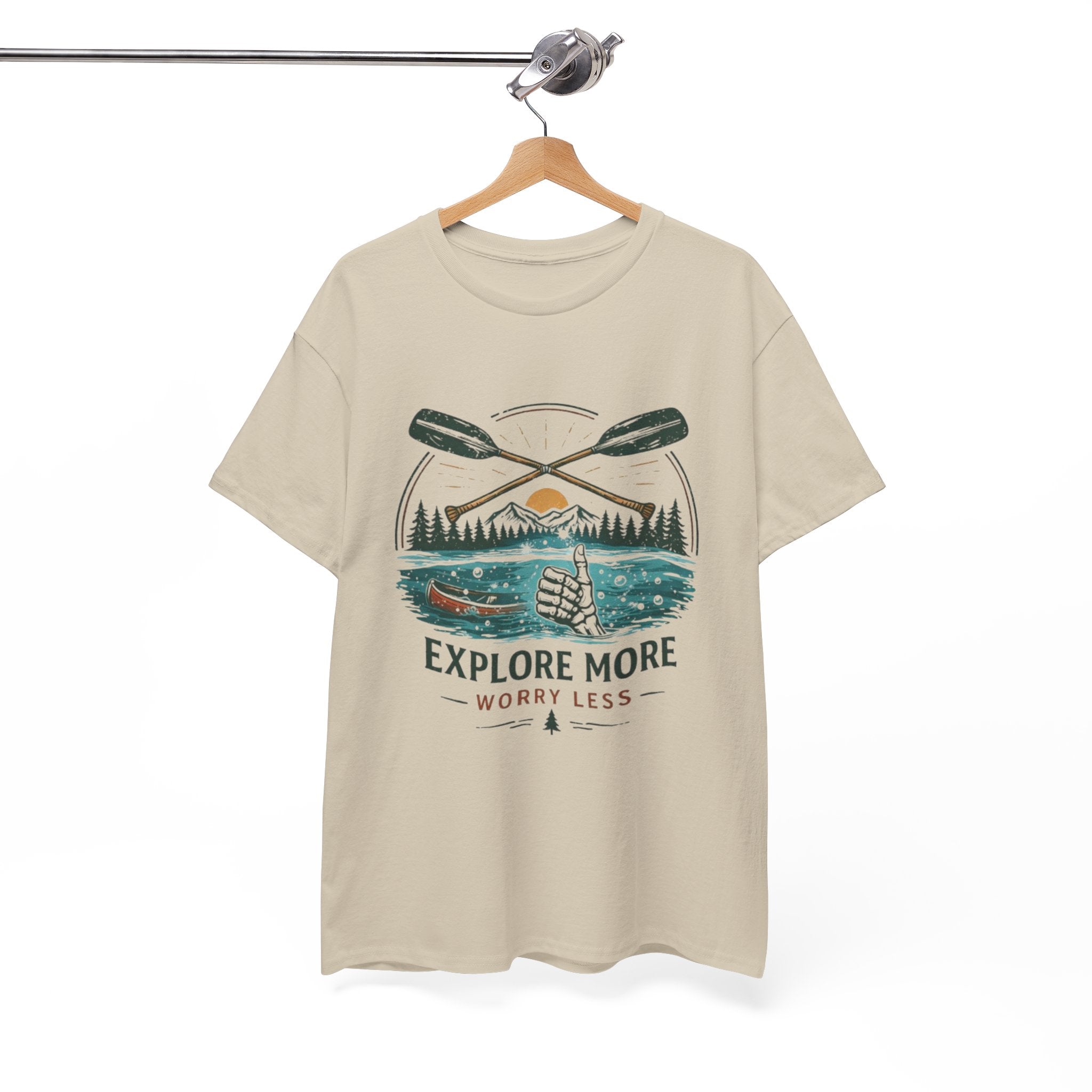 Explore More Worry Less T-Shirt | Outdoor Camping Canoe Graphic Skeleton Tee