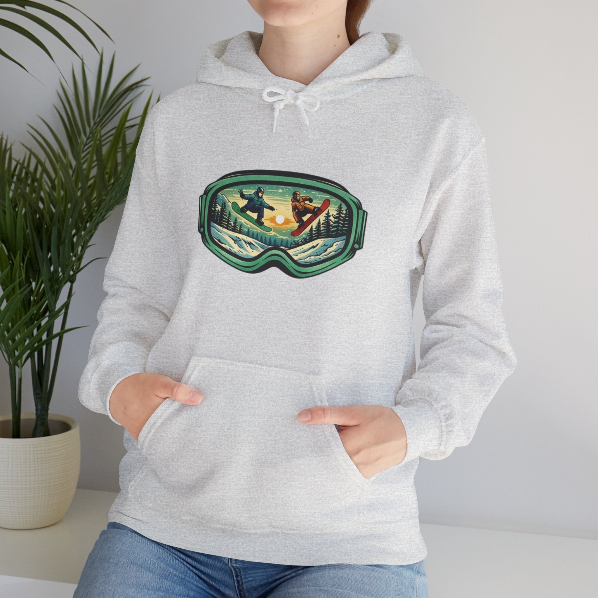 Snowboard Goggles Graphic Hoodie | Winter Mountain Sunset Scene