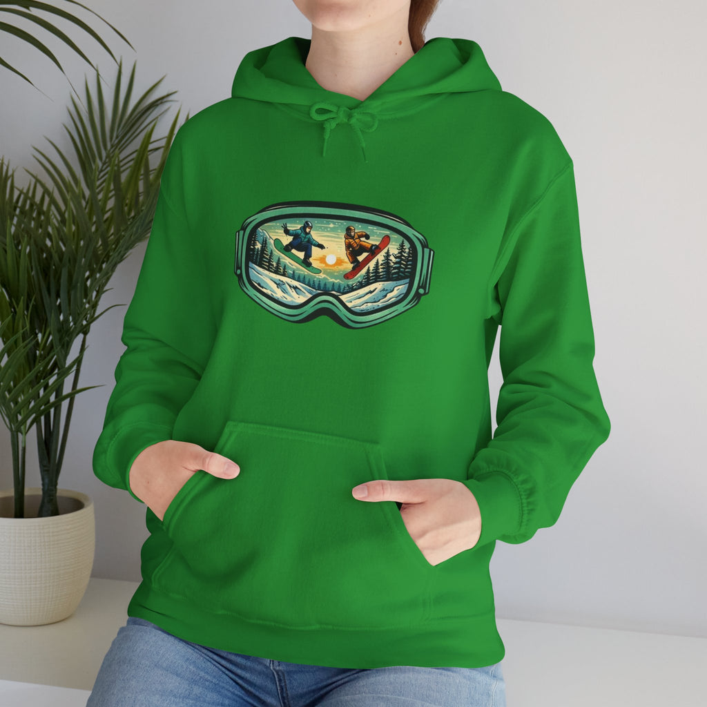Snowboard Goggles Graphic Hoodie | Winter Mountain Sunset Scene
