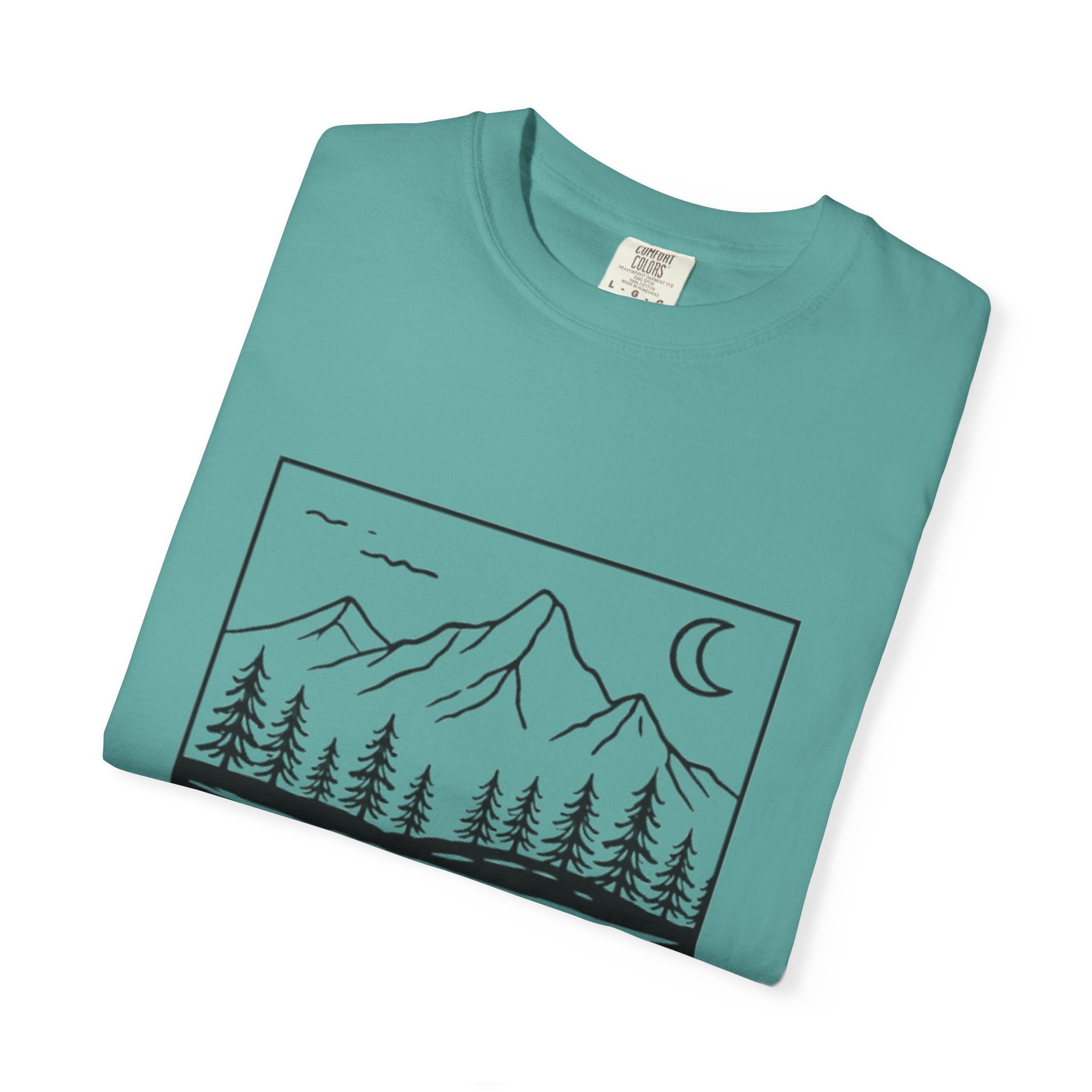 Mountain Lake T-Shirt | Minimal Nightscape with Pine Trees & Crescent Moon