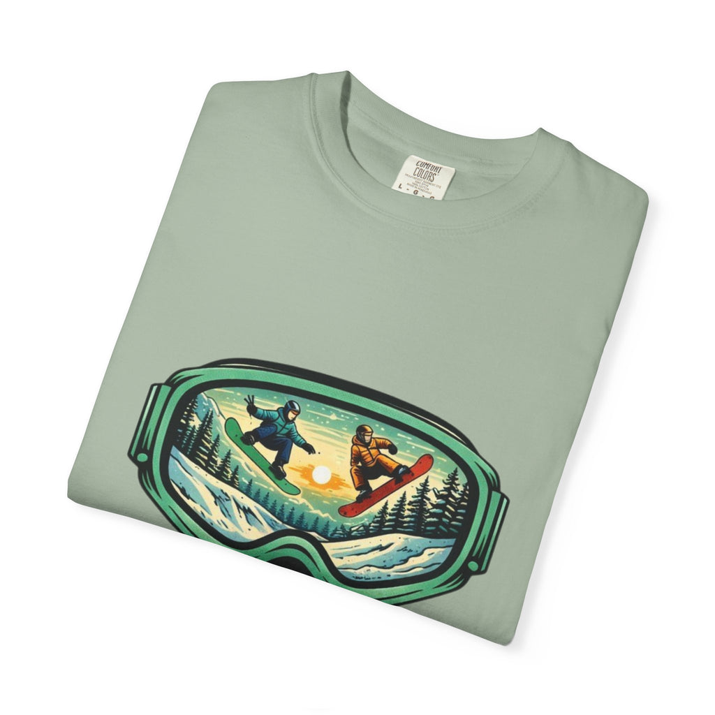 Snowboard Goggles Graphic T-Shirt | Mountain Scene with Ride the Ridge Design