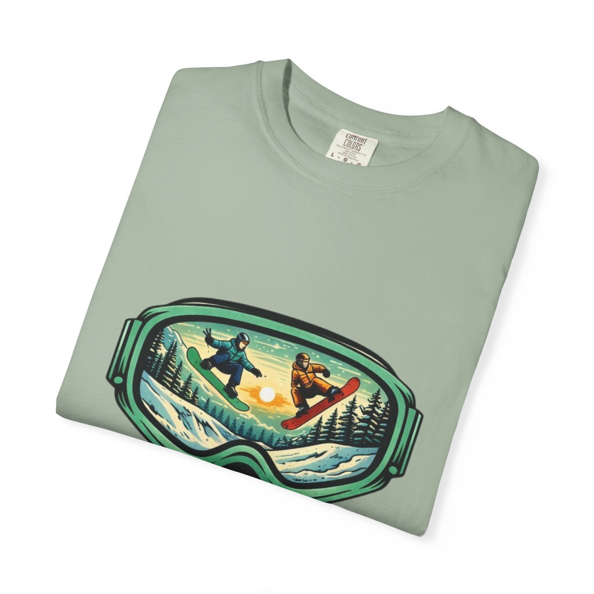 Snowboard Goggles Graphic T-Shirt | Mountain Scene with Ride the Ridge Design