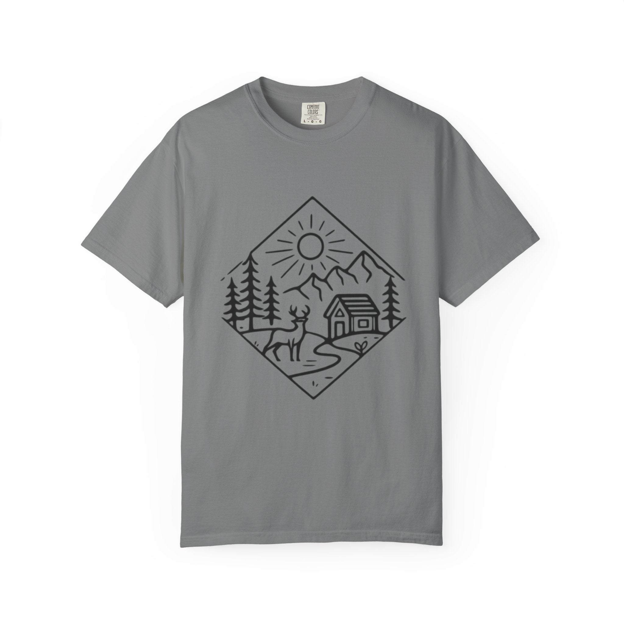Cabin Adventure Graphic T-Shirt | Mountain, Deer & Forest Line Art