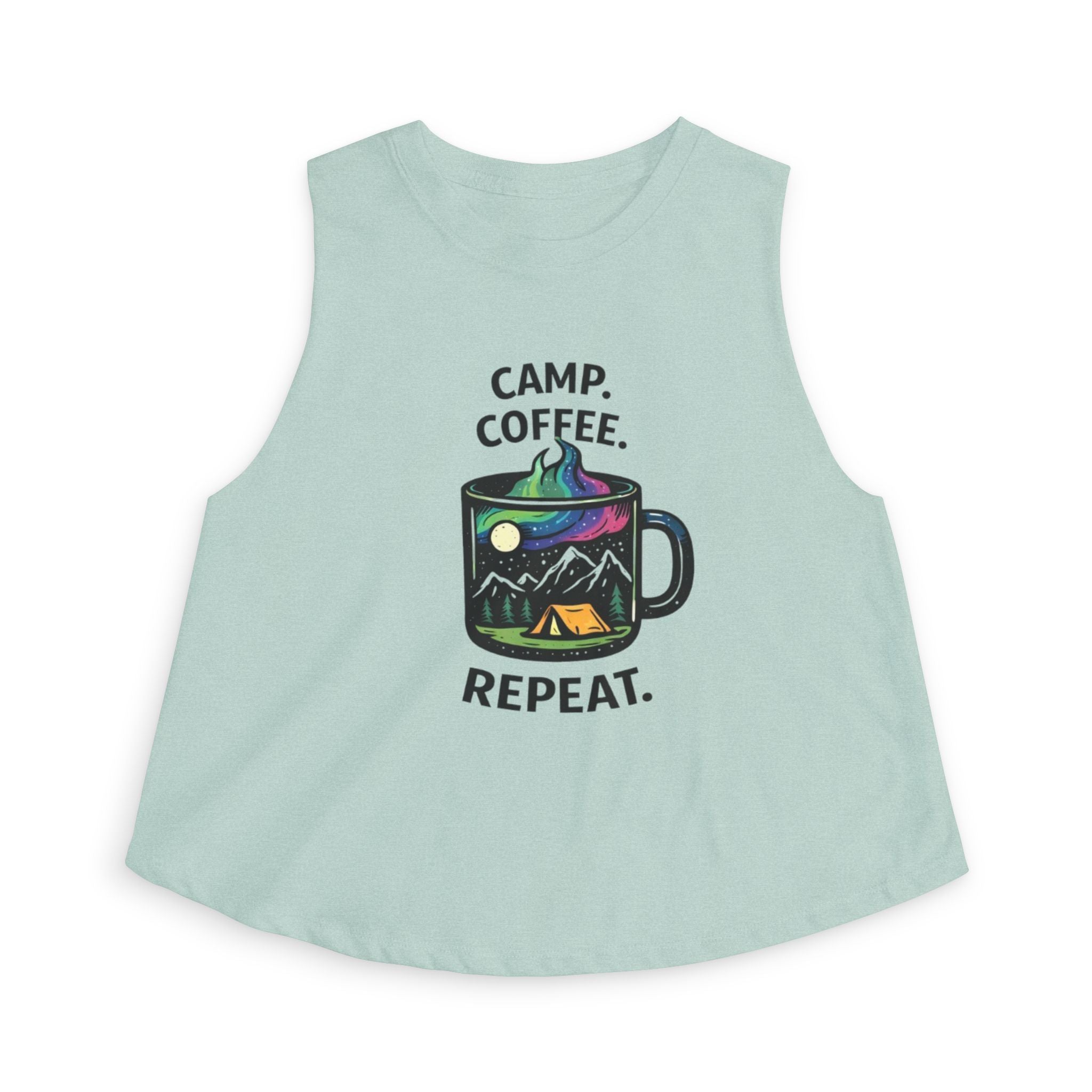 Camping Coffee Crop Tank | "Camp. Coffee. Repeat" Graphic Women's Top
