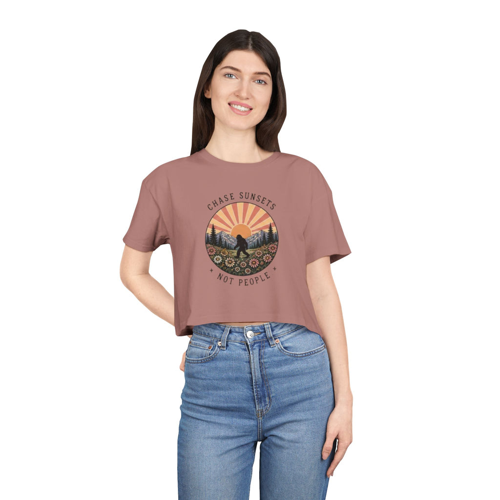 Crop Tee | "Chase Sunsets Not People" Retro Sunset Graphic
