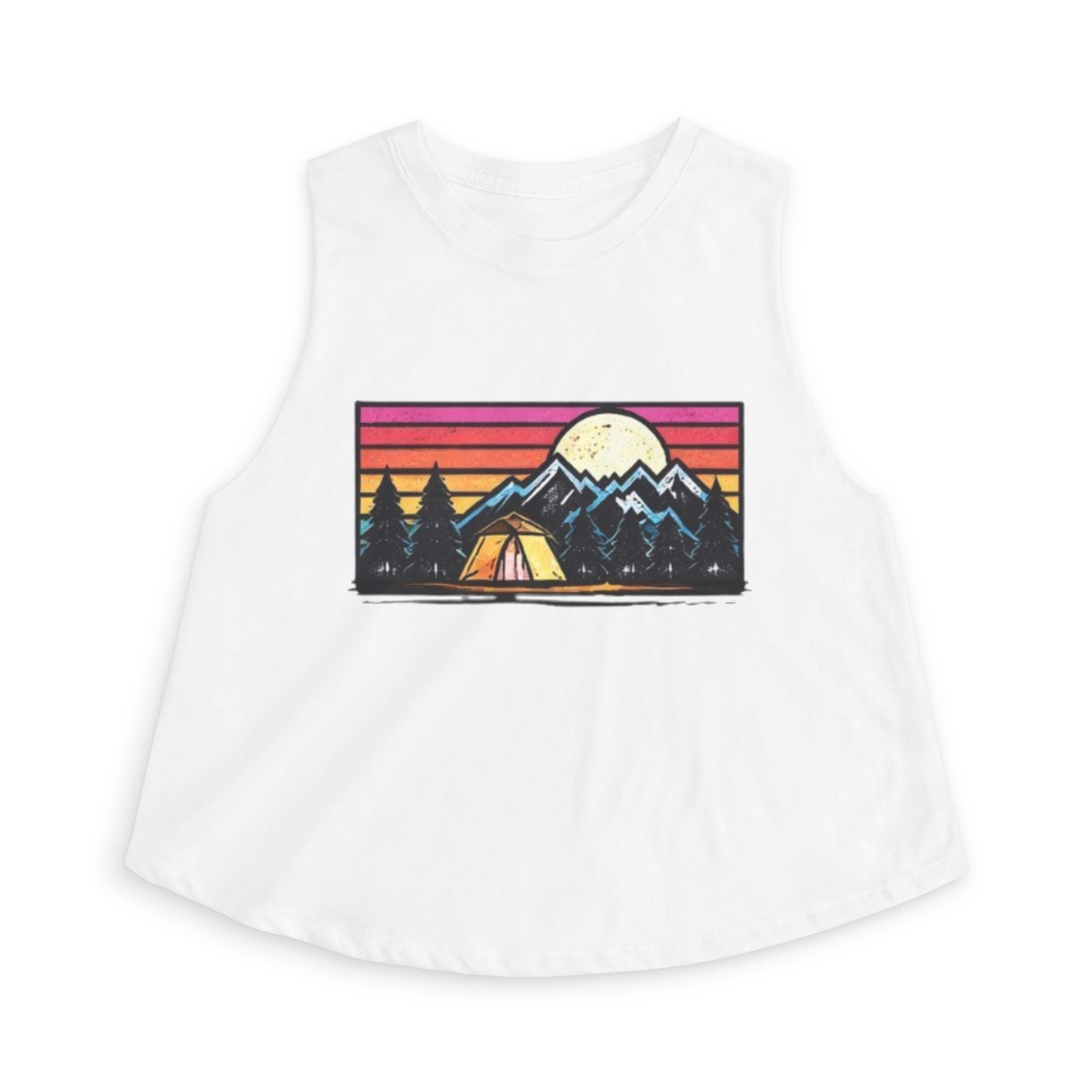 Camping Sunset Crop Top | Retro Mountain Tent Graphic