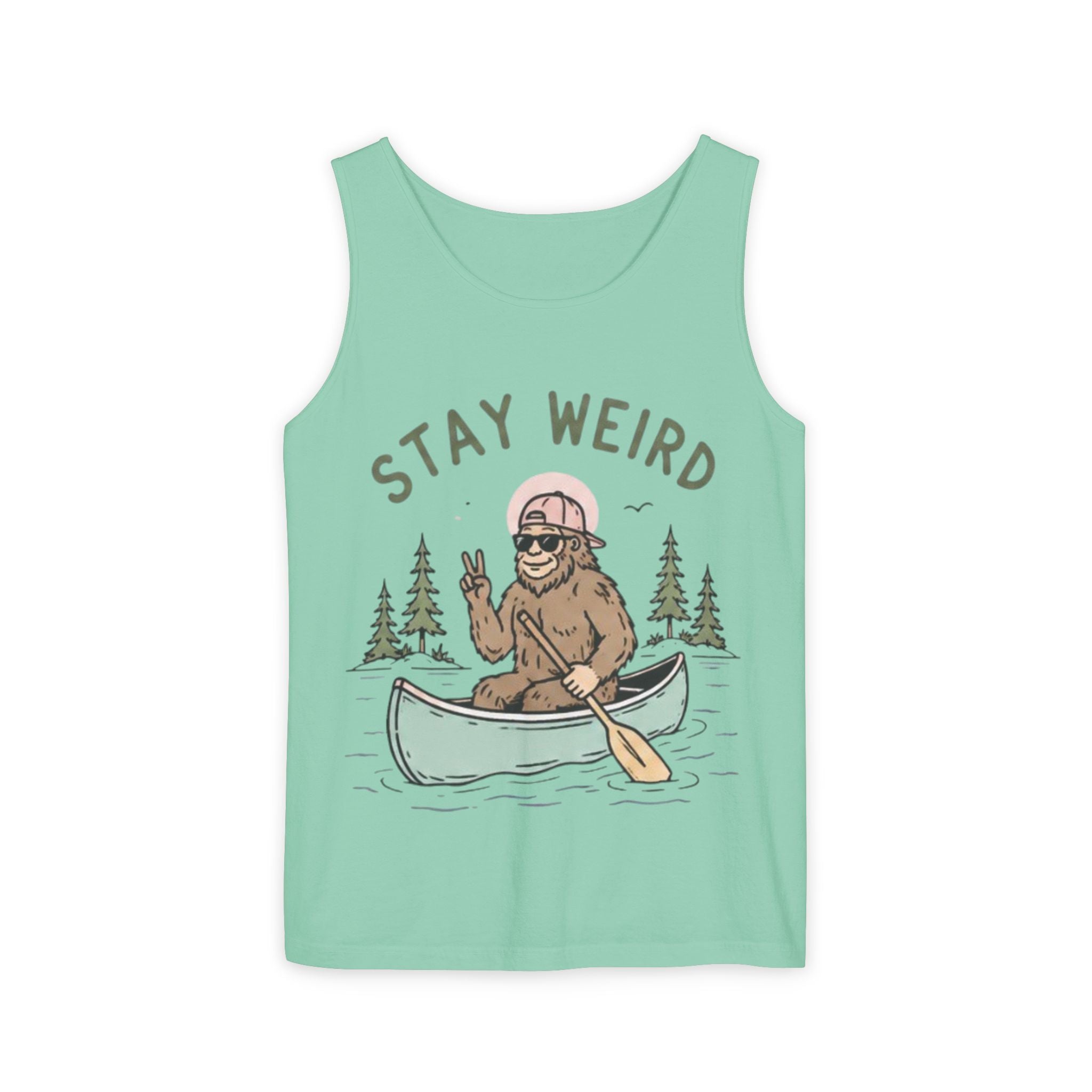 Stay Weird Bigfoot Tank Top | Funny Sasquatch Canoe Graphic Tank