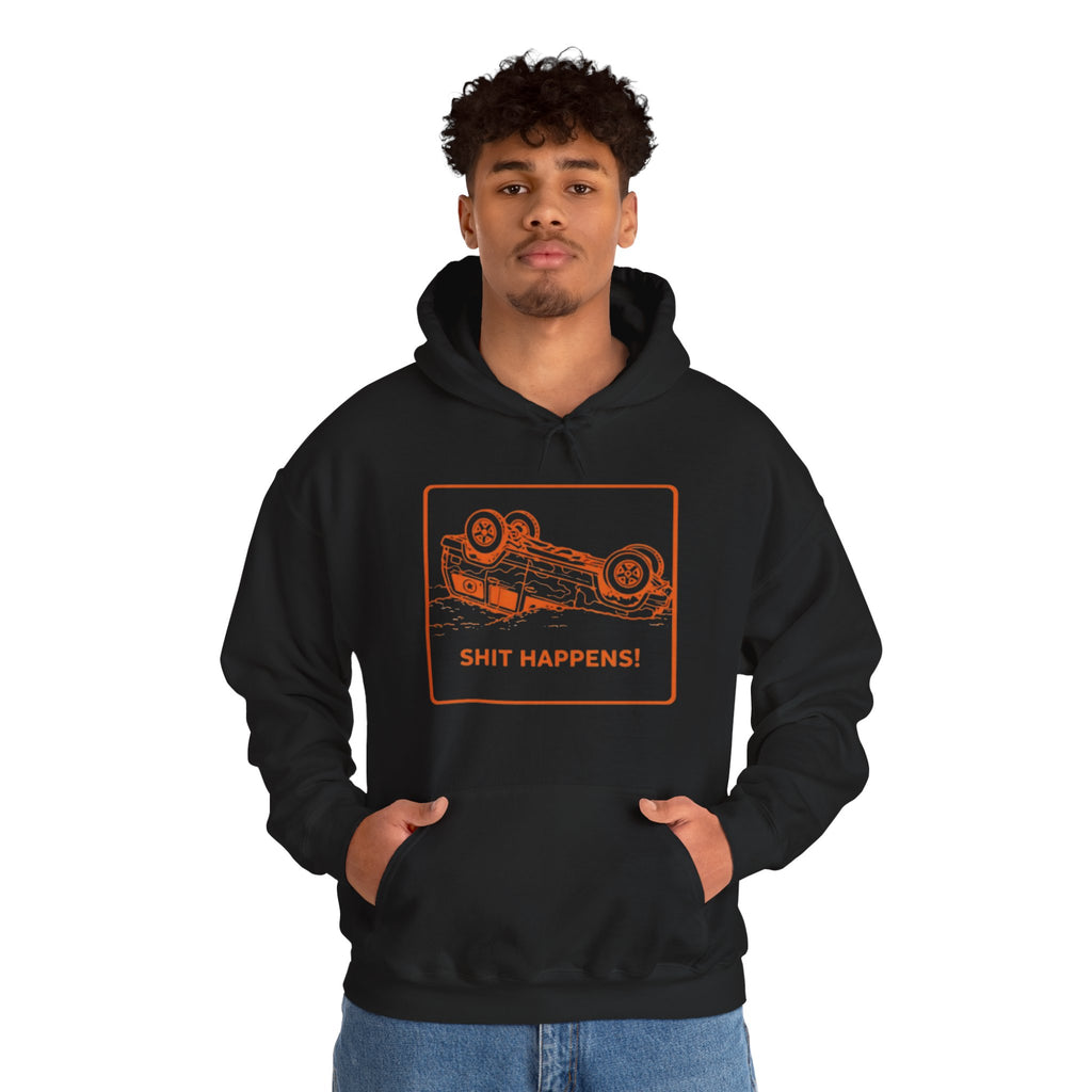 Hoodie | "Shit Happens" Upside-Down Car Graphic Comfort Hoodie