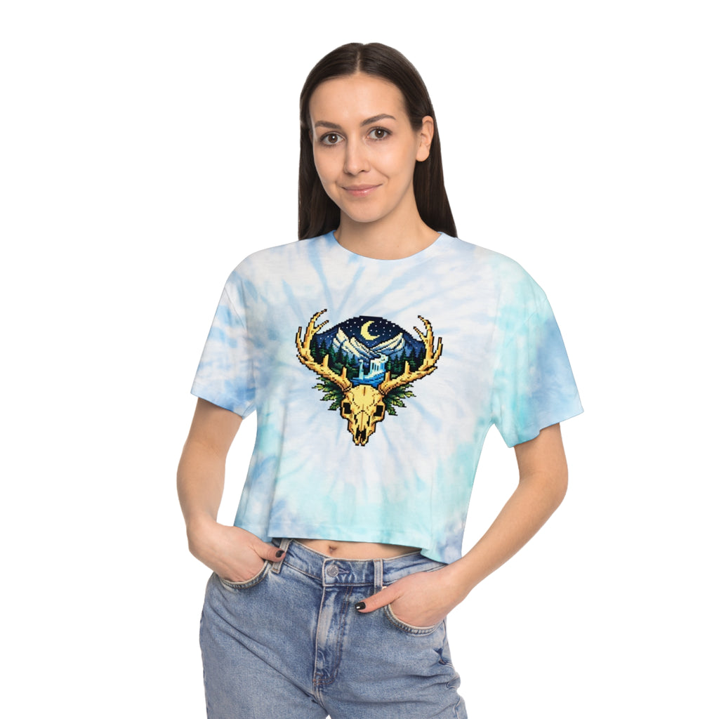 Tie-Dye Crop Tee | Pixel Art Deer Skull & Mountainscape