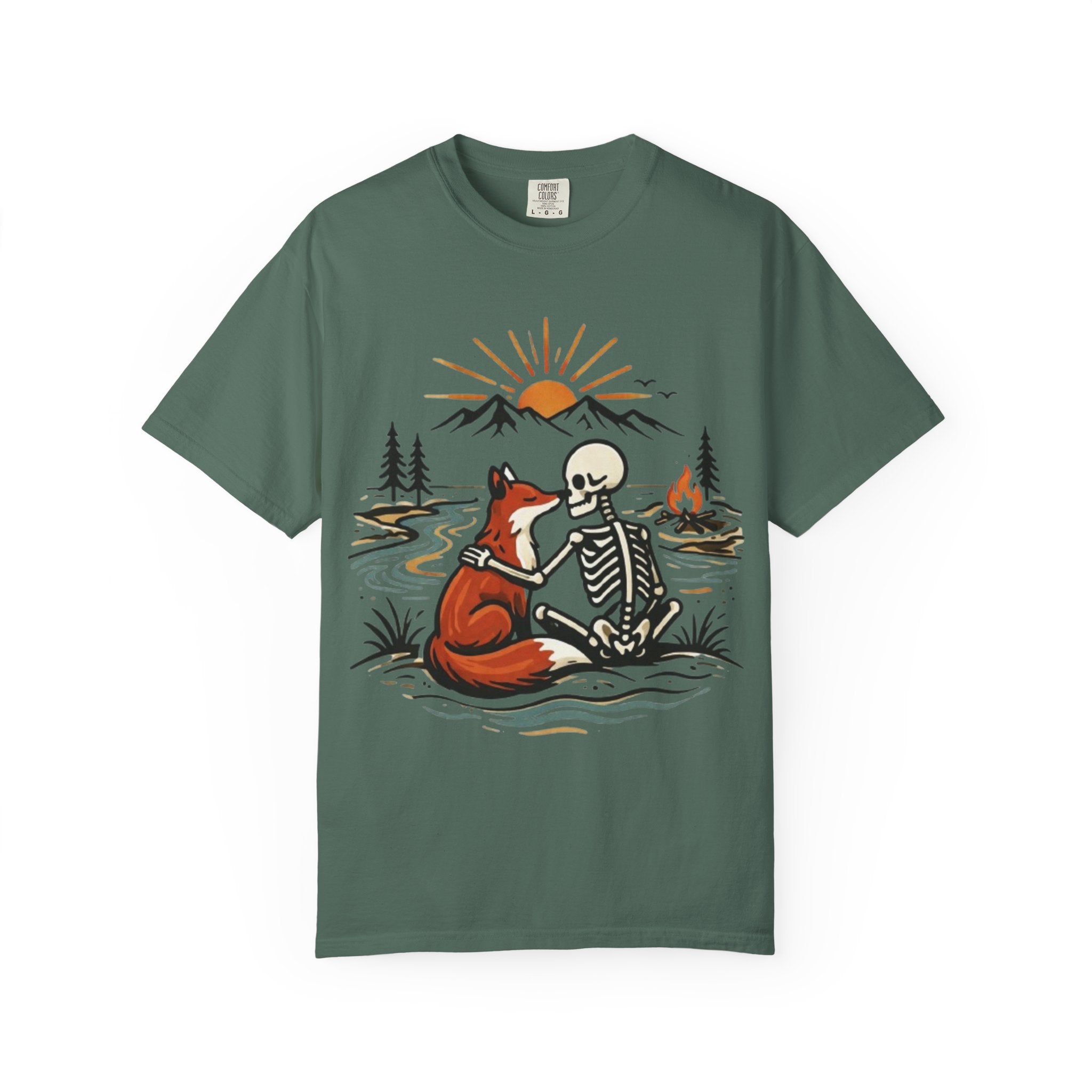 Skeleton & Fox Tee Retro Campfire Nature Graphic T-Shirt