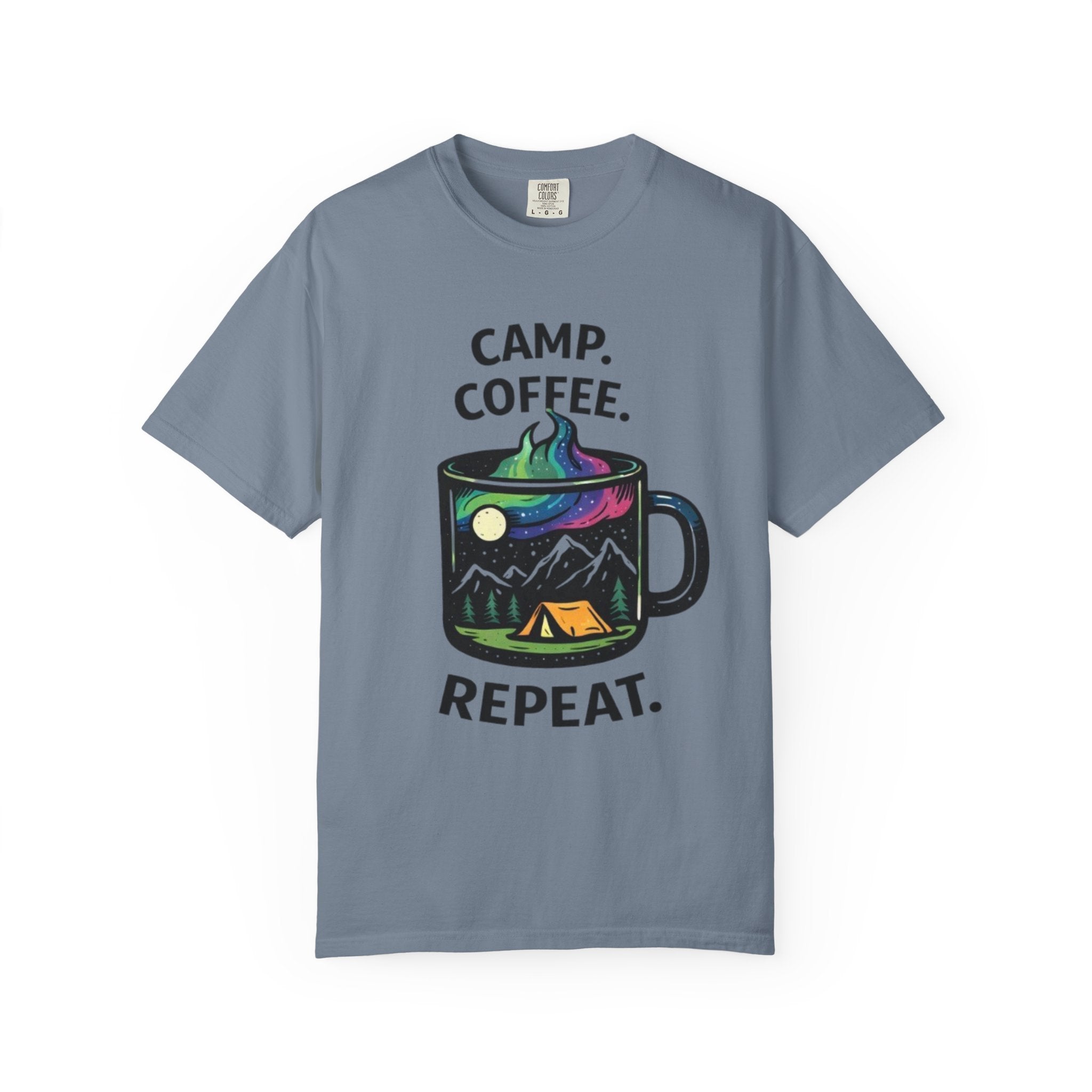 Camp Coffee Repeat T-Shirt | Camping Mug Graphic Tee