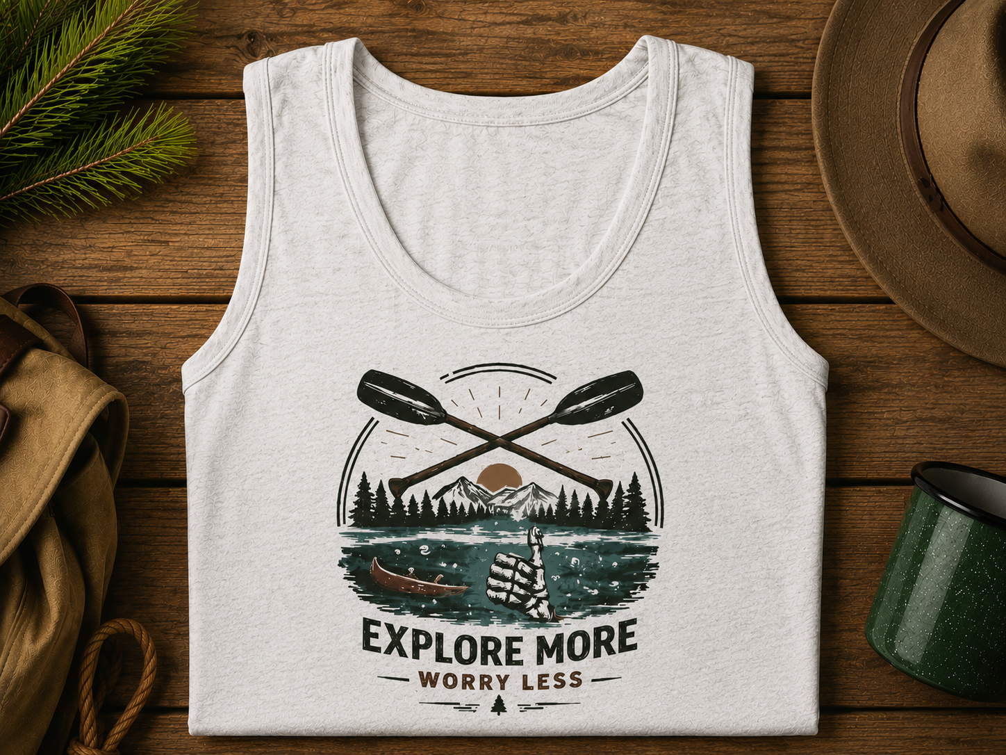 Explore More Racer Tank Top | Womens Outdoor Adventure Crop with "Explore More, Worry Less" Graphic