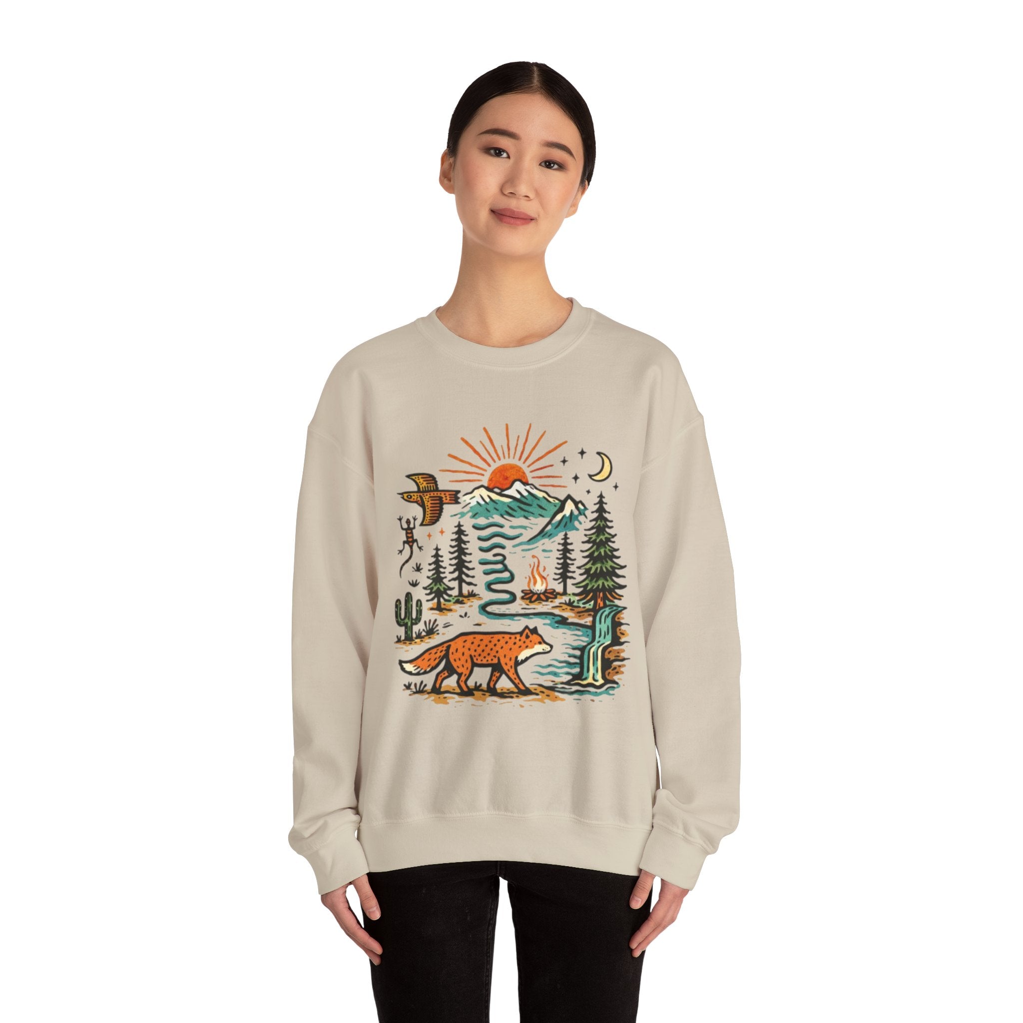 Nature Scene Crewneck Sweatshirt | Desert to Mountain Wildlife Graphic