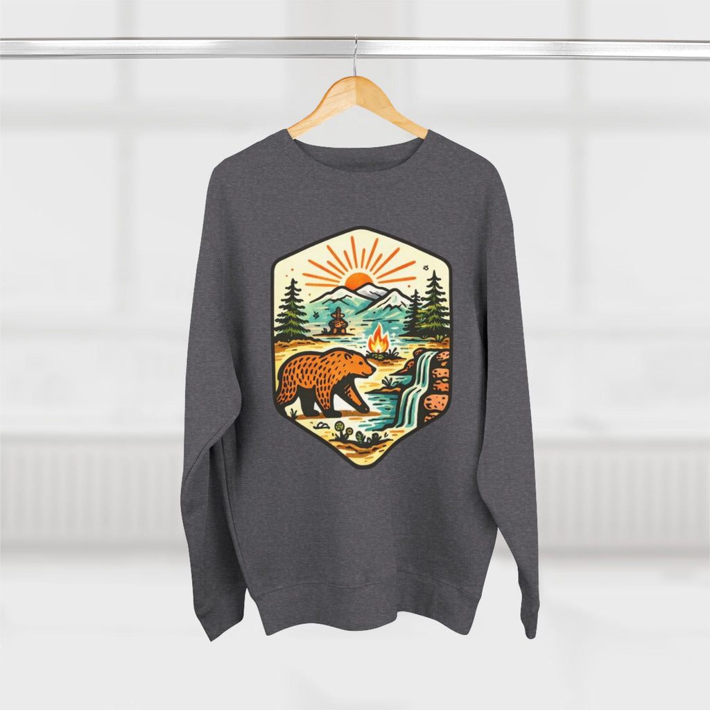 Bear Wilderness Crewneck Sweatshirt | Scenic Campfire Mountain Patch Design