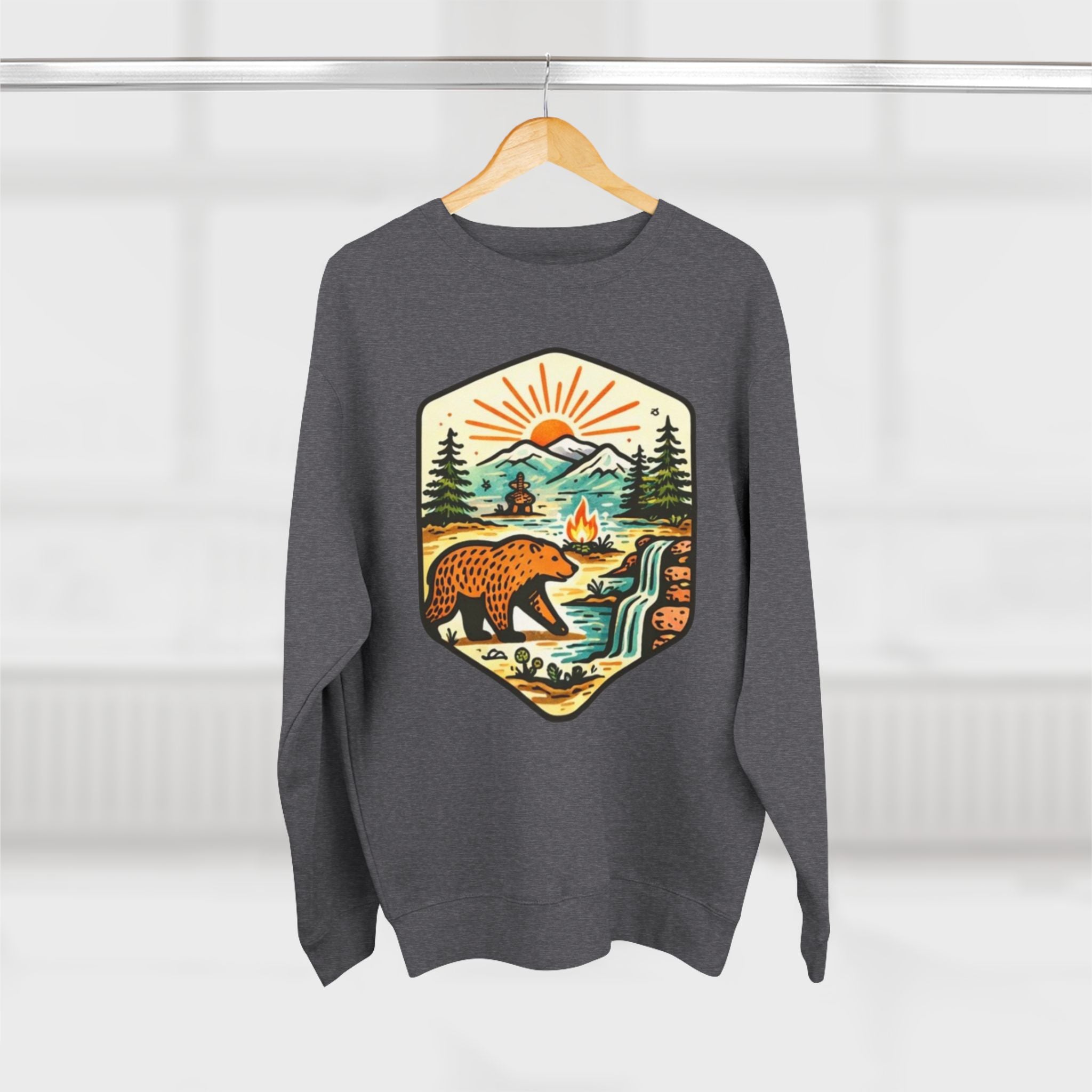 Bear Wilderness Crewneck Sweatshirt | Scenic Campfire Mountain Patch Design