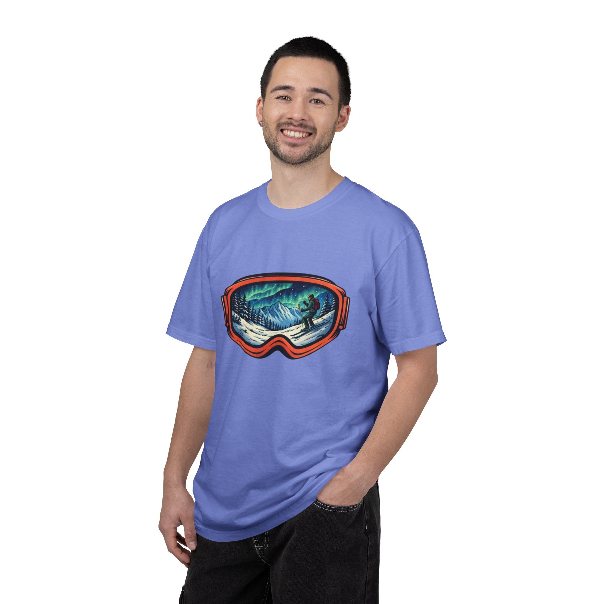 Northern Lights Ski Goggles T-Shirt | Aurora Skiing Landscape Design