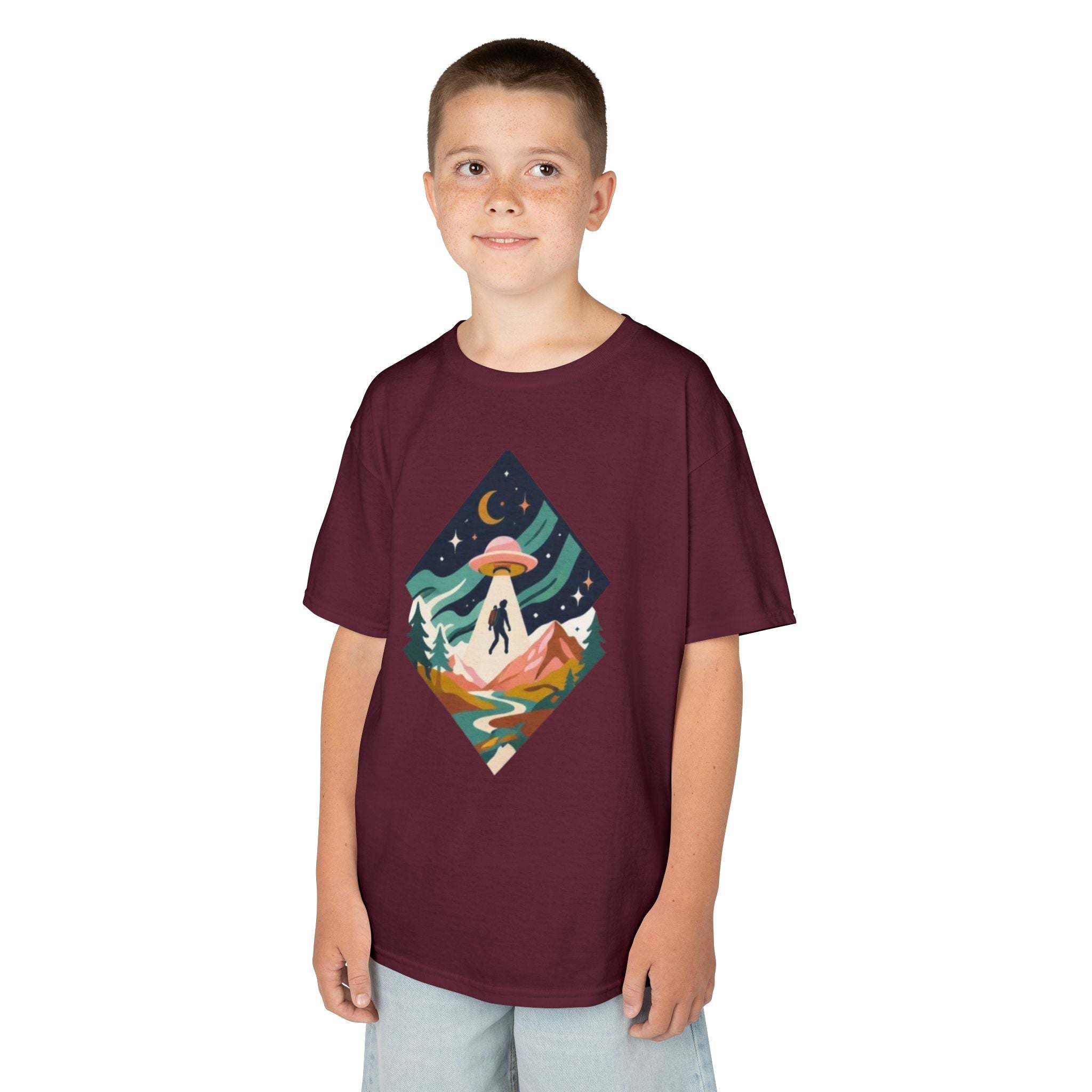 Kids Tee | Colorful UFO Abduction Mountain Scene