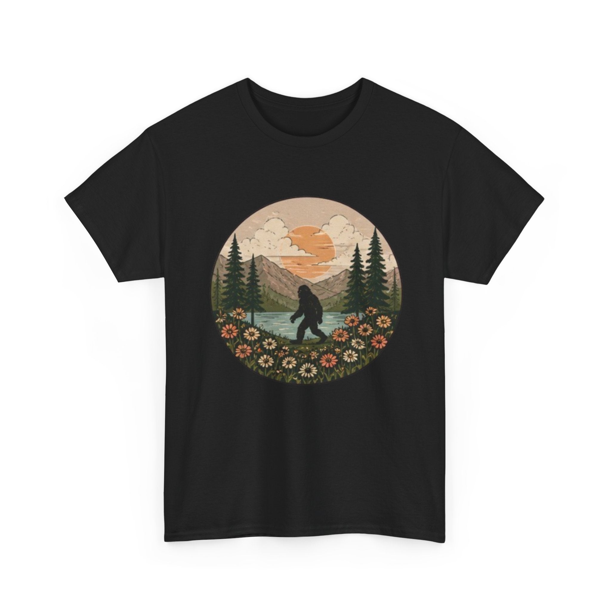 Bigfoot Meadow Retro Tee | Vintage Sasquatch with Flowers