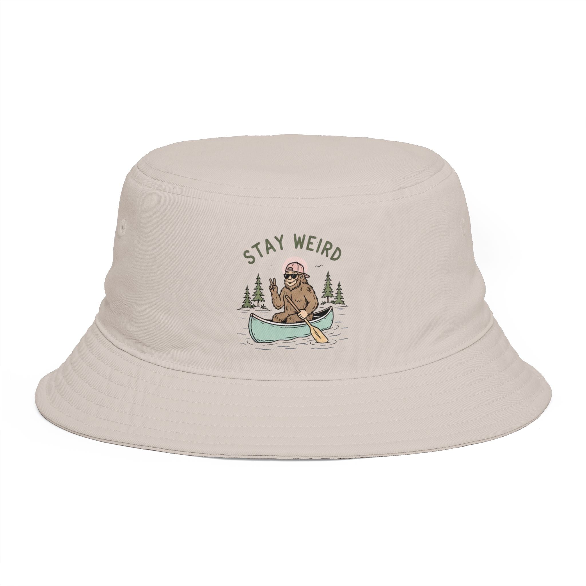 Stay Weird Bucket Hat — Cute Sasquatch Canoe Graphic, Outdoor Adventure Cap