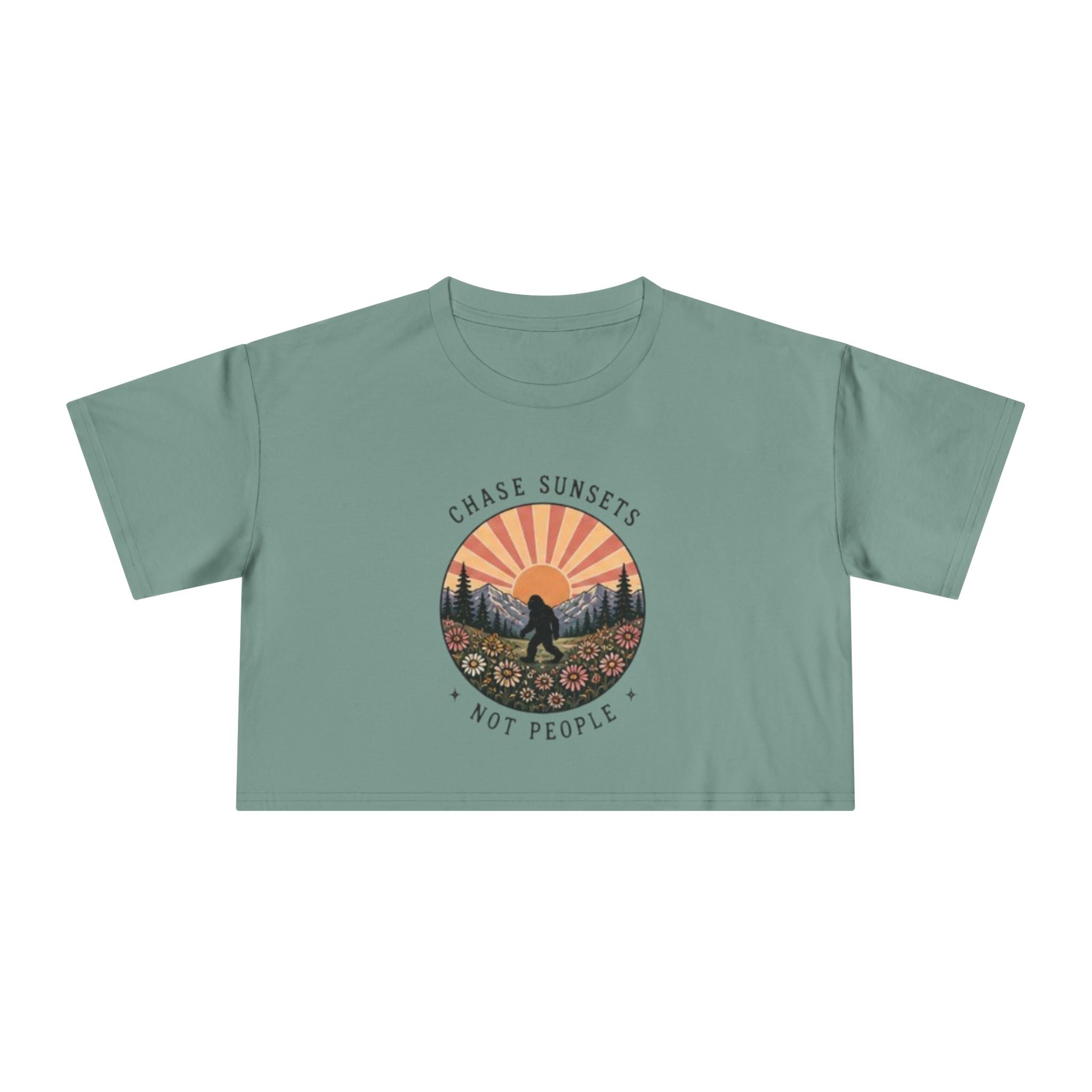 Crop Tee | "Chase Sunsets Not People" Retro Sunset Graphic