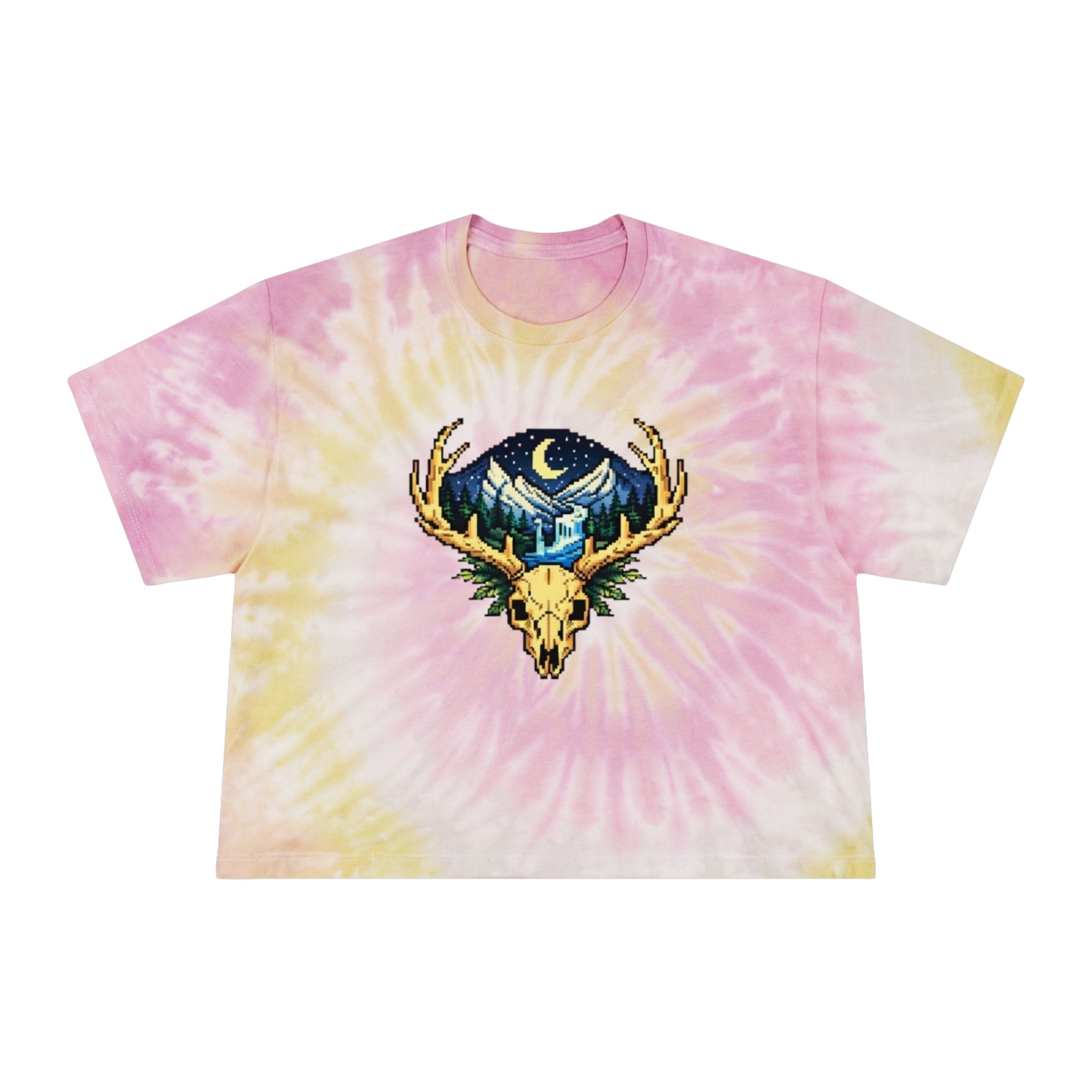 Tie-Dye Crop Tee | Pixel Art Deer Skull & Mountainscape