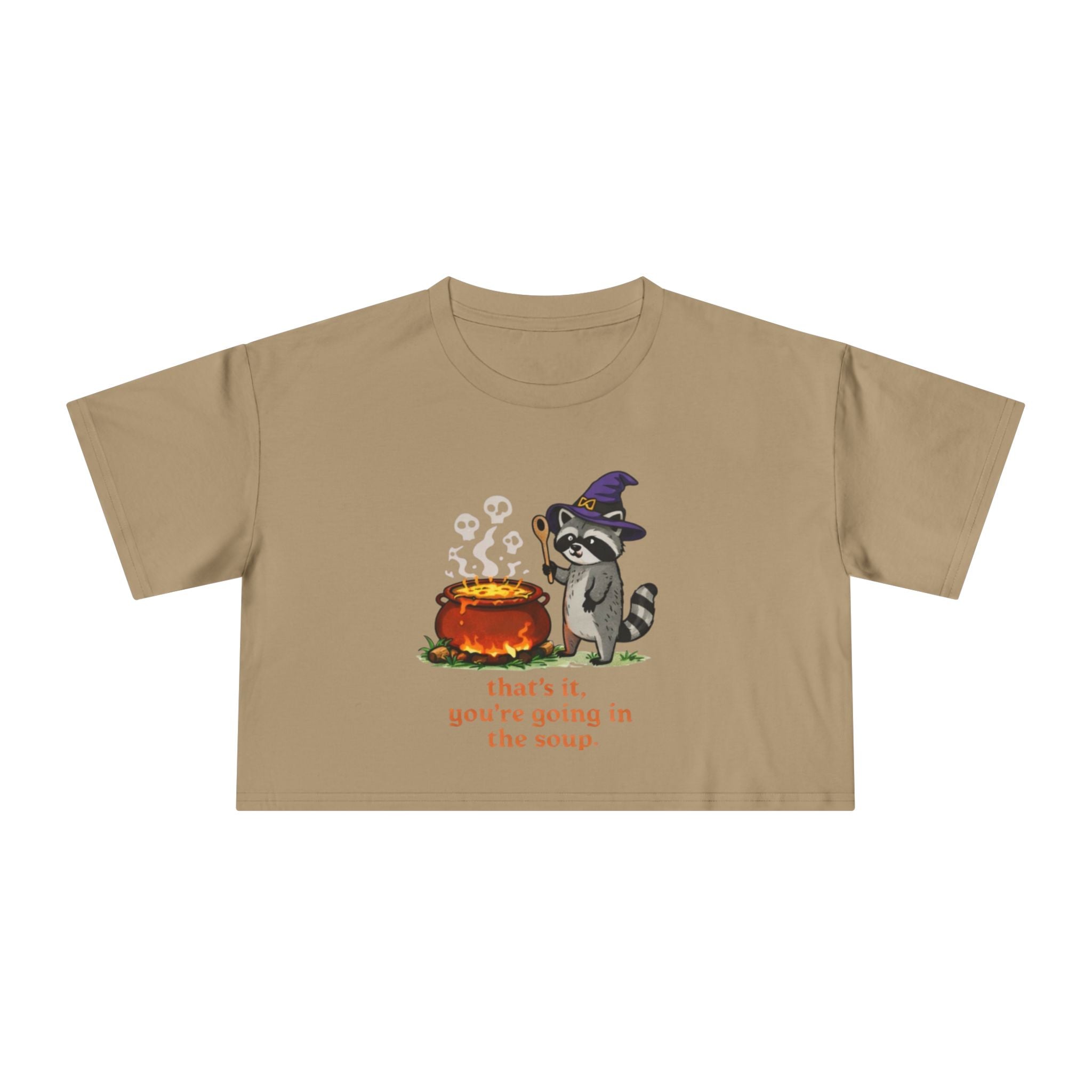 Witch Raccoon Crop Tee | "thats it youre going in the soup" Halloween Graphic Top