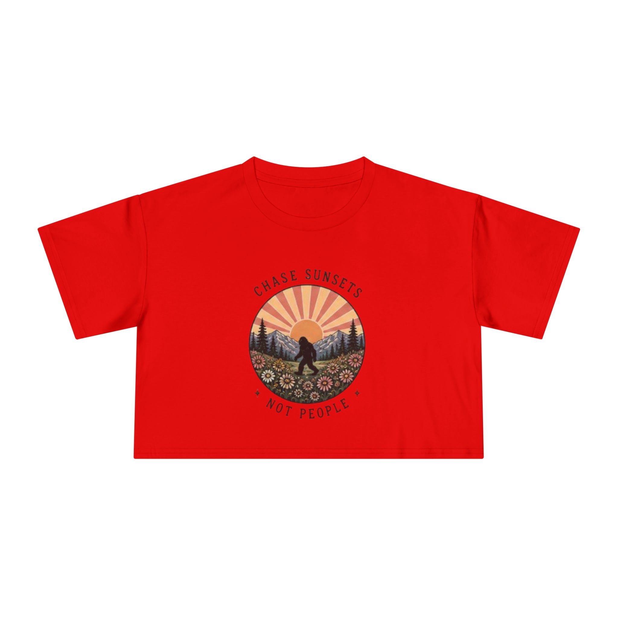 Crop Tee | "Chase Sunsets Not People" Retro Sunset Graphic