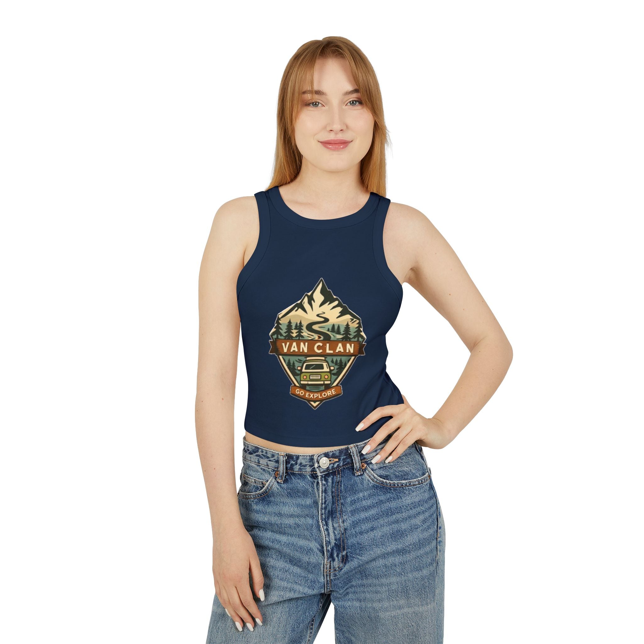 Van Clan "Go Explore" Women's Racer Tank | Adventure Van Graphic Crop Top