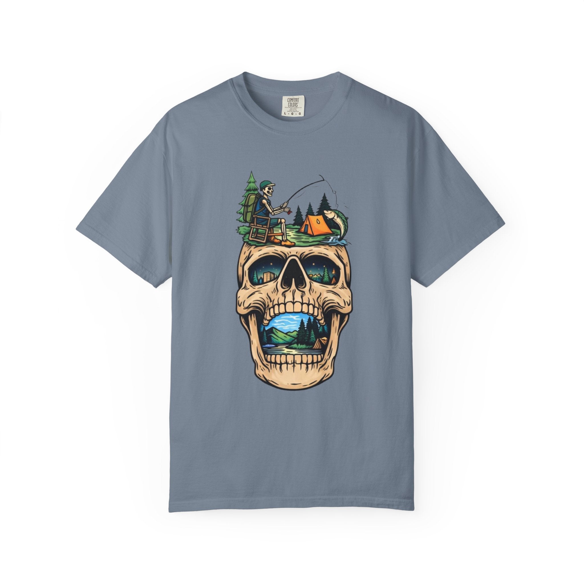Skull Camping Scene T-shirt | Fishing Camper, Tent & Forest Graphic