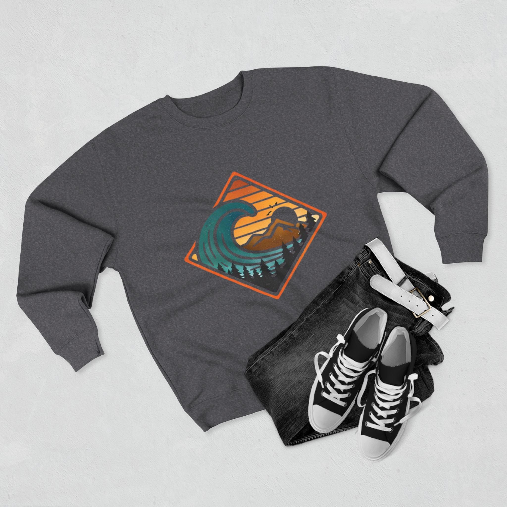 Surf Wave Mountain Badge sweatshirt | Retro Ocean Sunset Crewneck