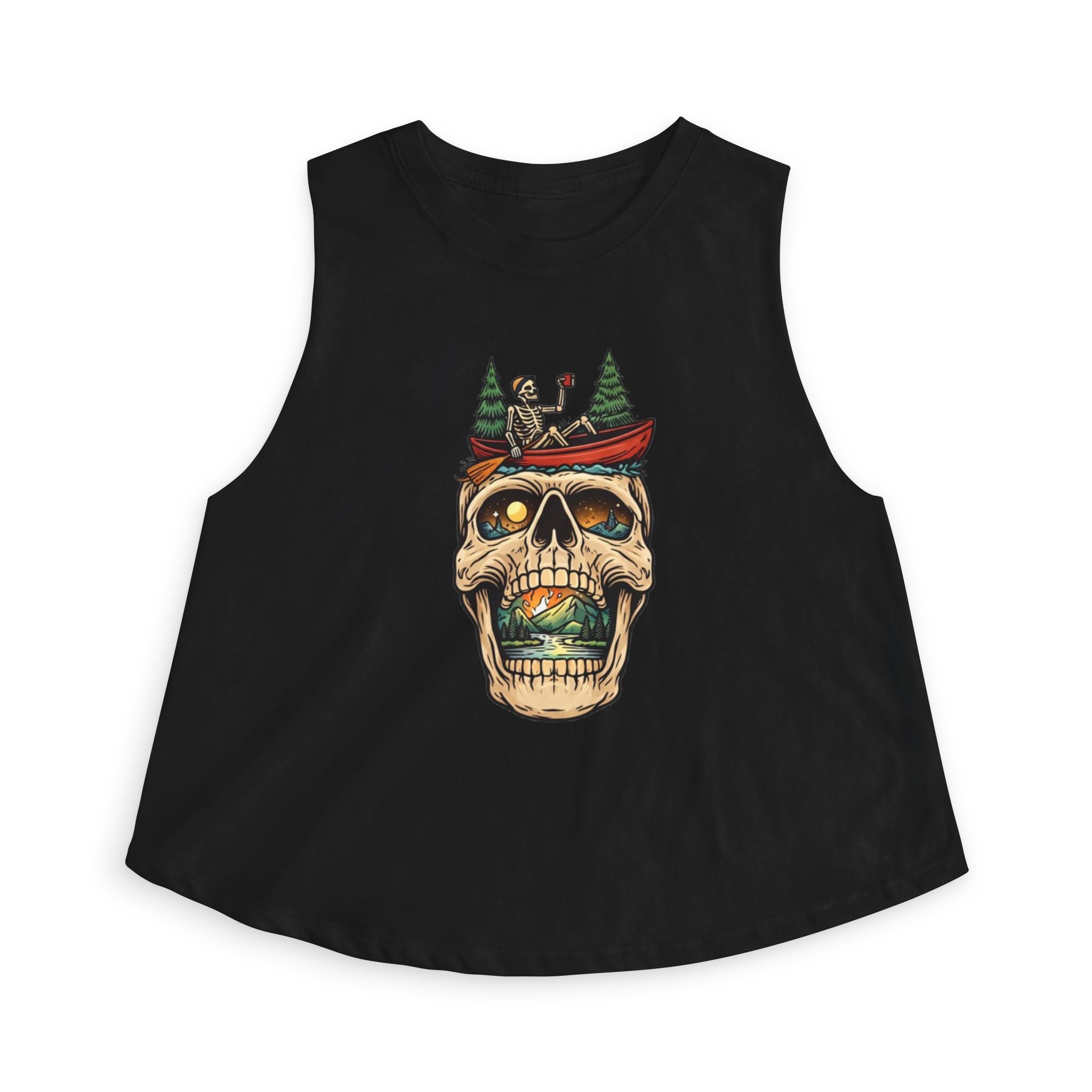 Skull Canoe Crop Top | Adventure Lake Graphic Tank Top for Women