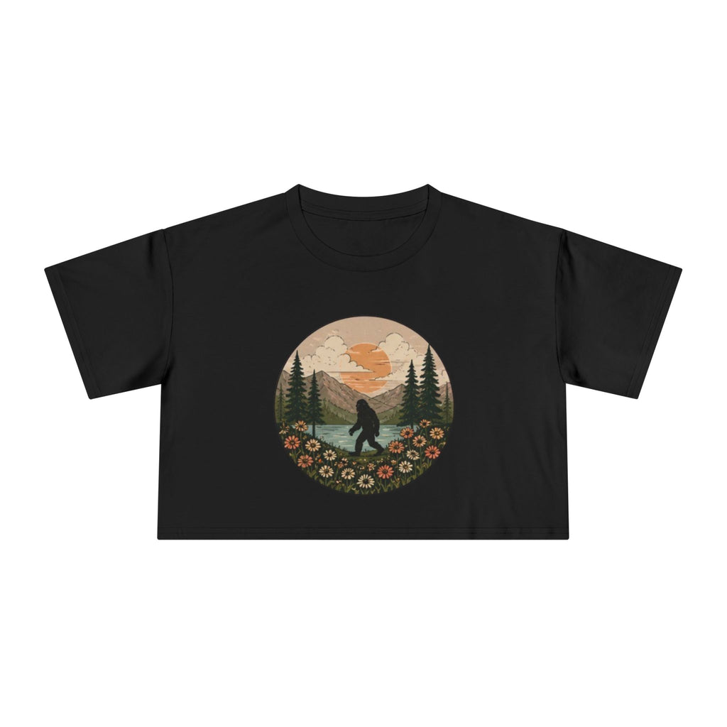 Bigfoot Sunset Crop Tee | Retro Mountain Floral Sasquatch Design