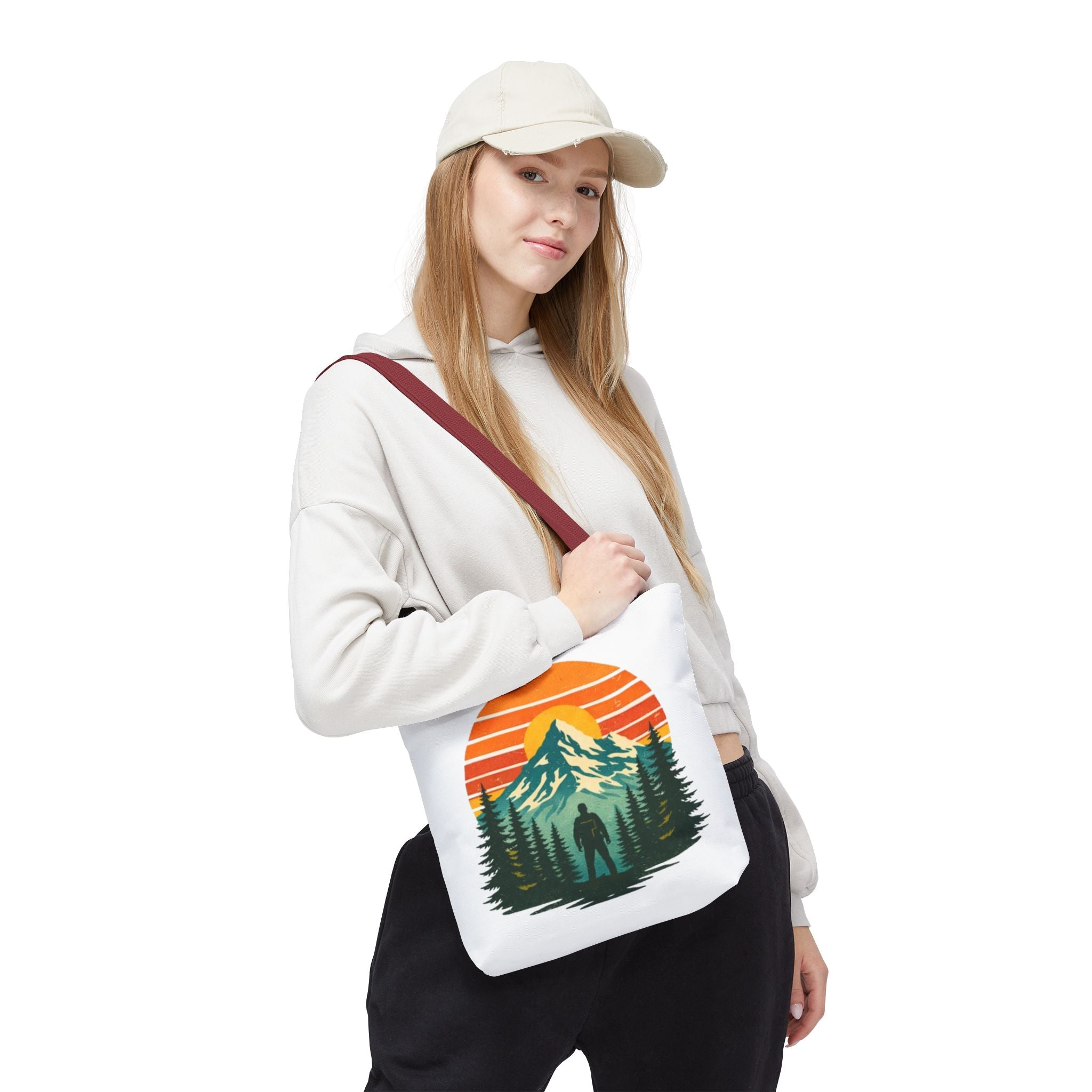 Retro Hiking Mountainscape Sunset Tote Bag