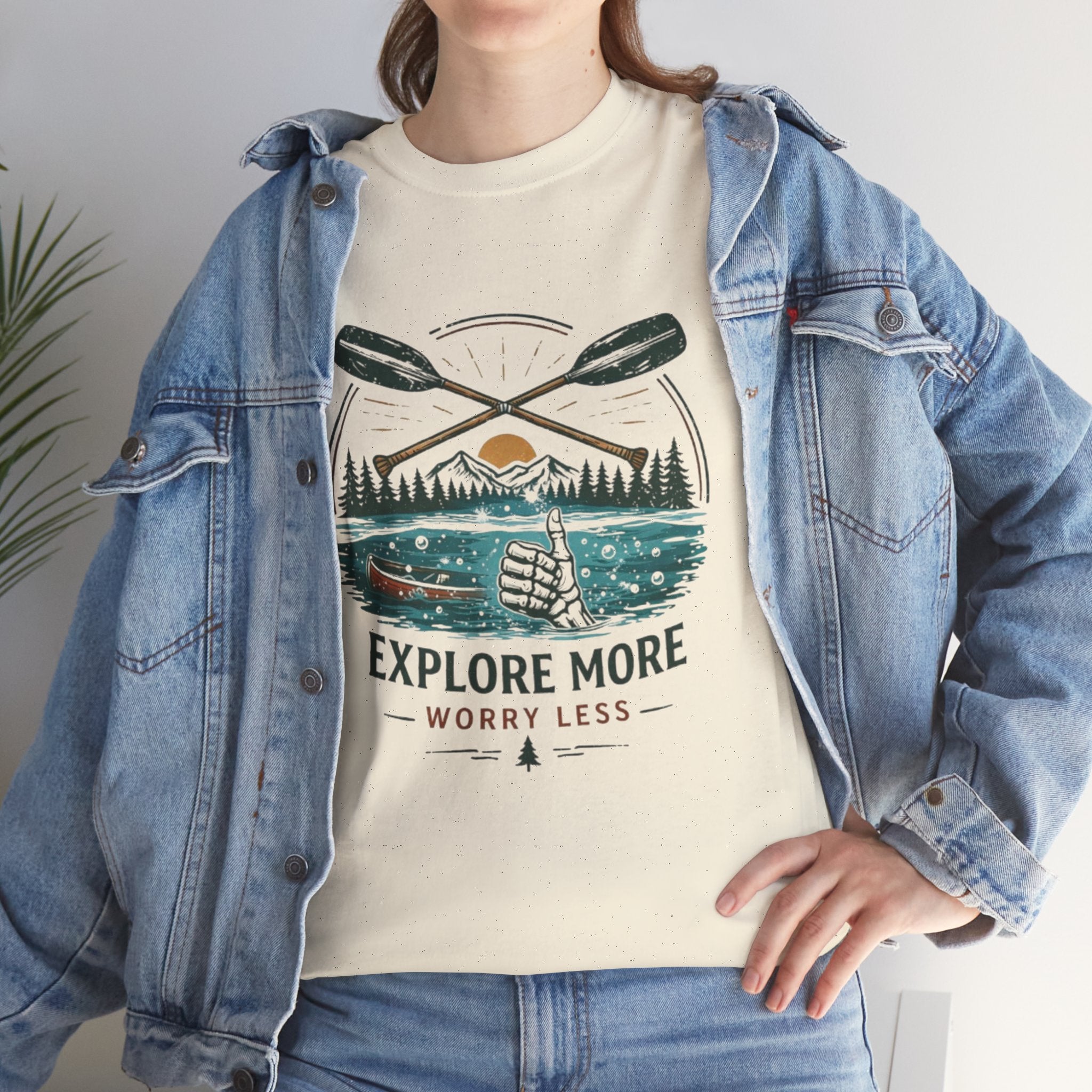Explore More Worry Less T-Shirt | Outdoor Camping Canoe Graphic Skeleton Tee
