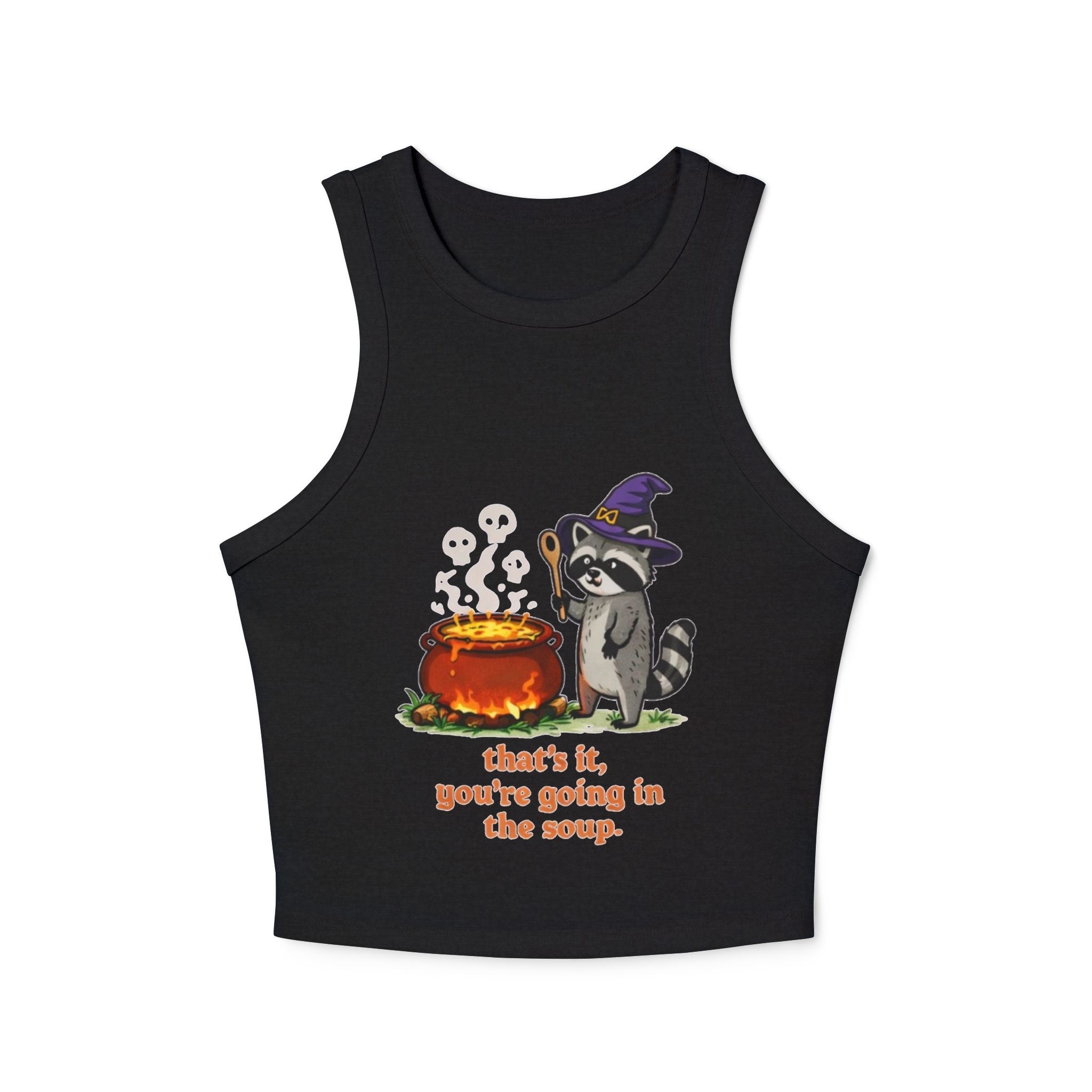 Witchy Raccoon Tank Top | "Thats it, youre going in the soup" Cute Halloween Crop