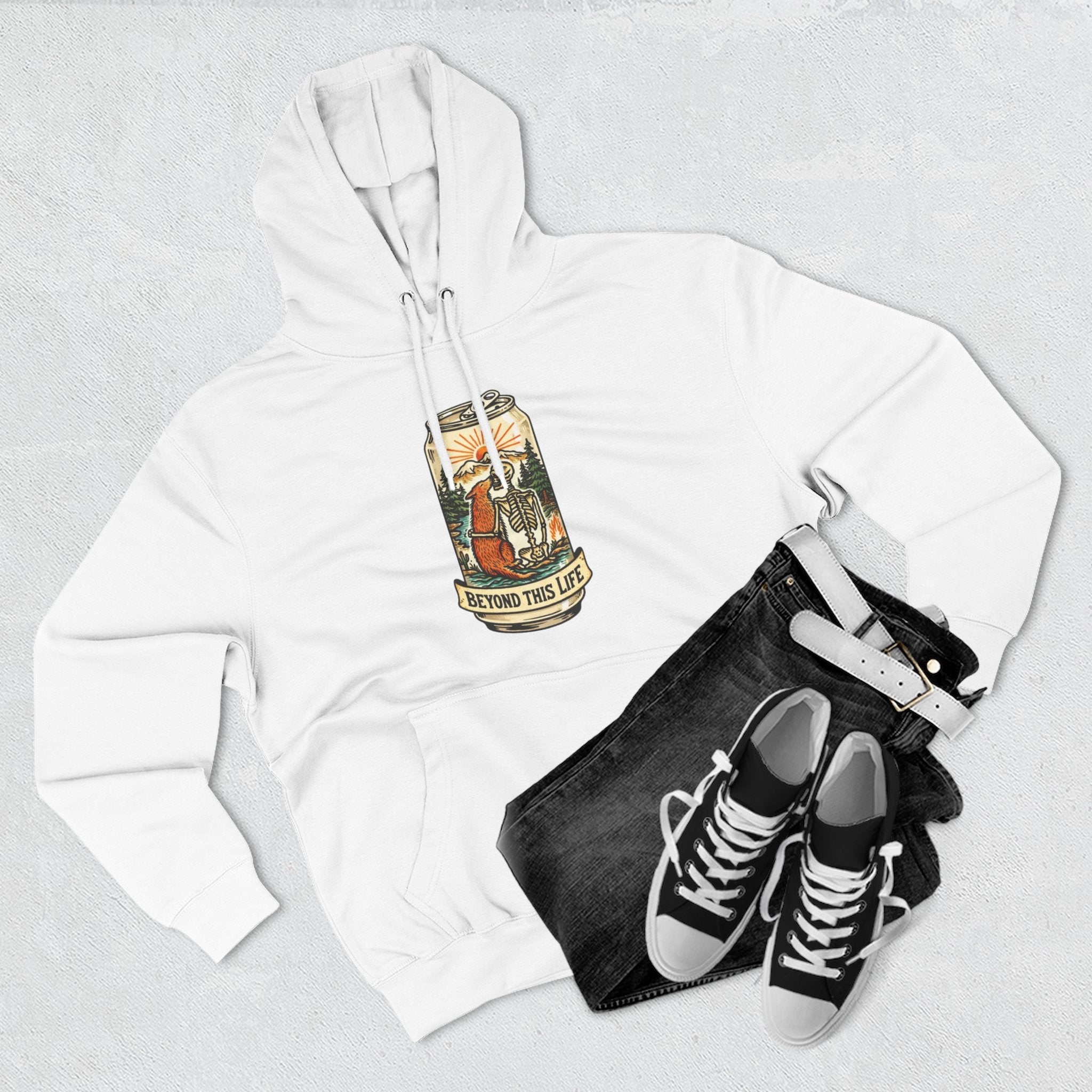 Vintage Skeleton and Dog Camper Hoodie | Beyond This Life Retro Travel Graphic