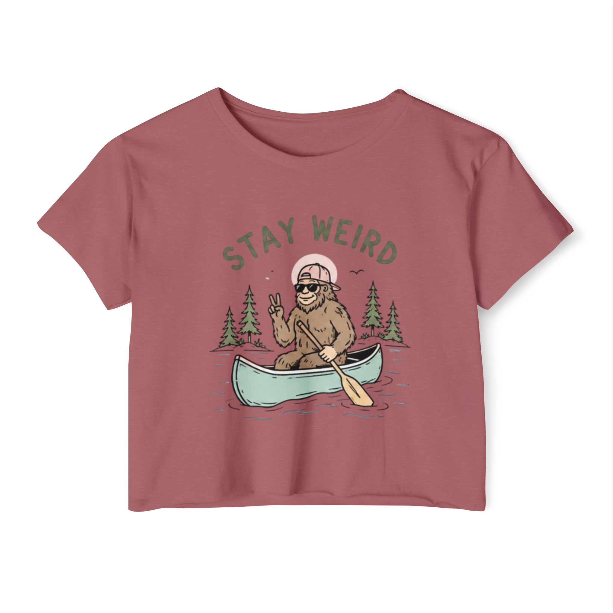 Stay Weird Crop Top | Cute Sasquatch Canoe Graphic Womens Festival Shirt