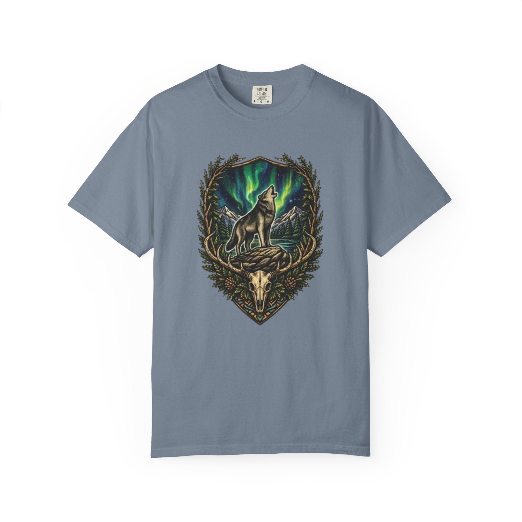 Deer Skull and Wolf Howling T-Shirt | Northern Lights Nature Graphic Tee